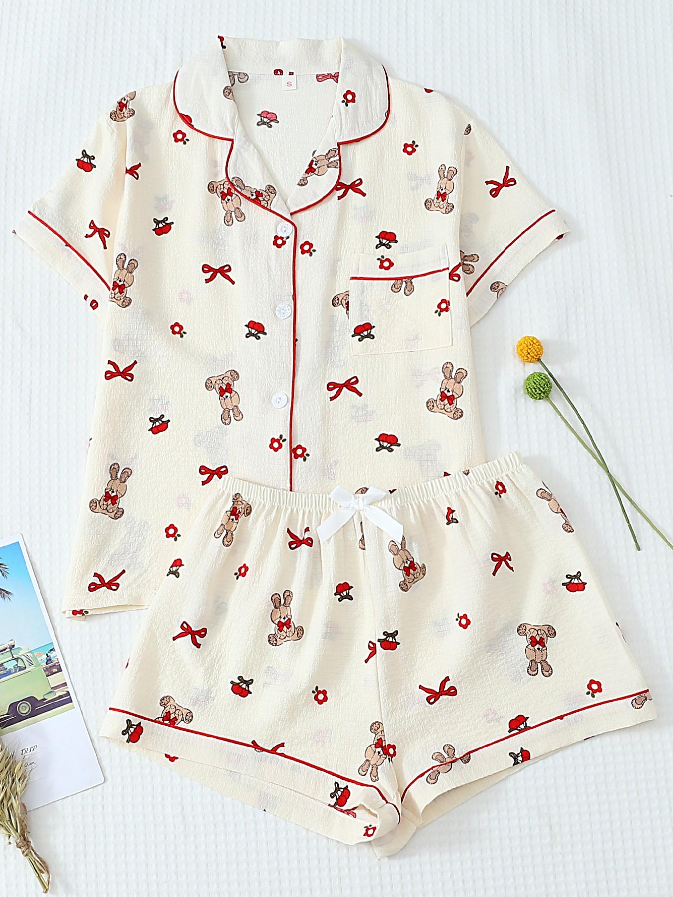 Women's Short Sleeve Button Down Top and Shorts Pajama Set, Spring Summer Wear, For Japanese Kawaii Sweet Girls, Cream Base Cute Bunny Bow & Floral Print, Classic Lapel Collar With Contrast Red Piping, Loose Fit, Comfortable For Home & Going Out