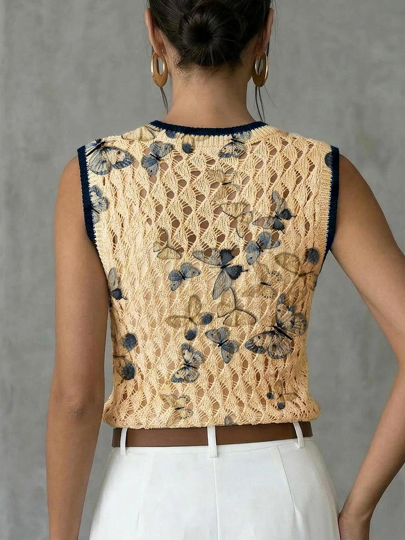 Spring Summer Elegant Women's Butterfly Print Round Neck Knit Vest, Casual Sleeveless Knit Top, Breathable Fashion Wear, Hollow Out Design