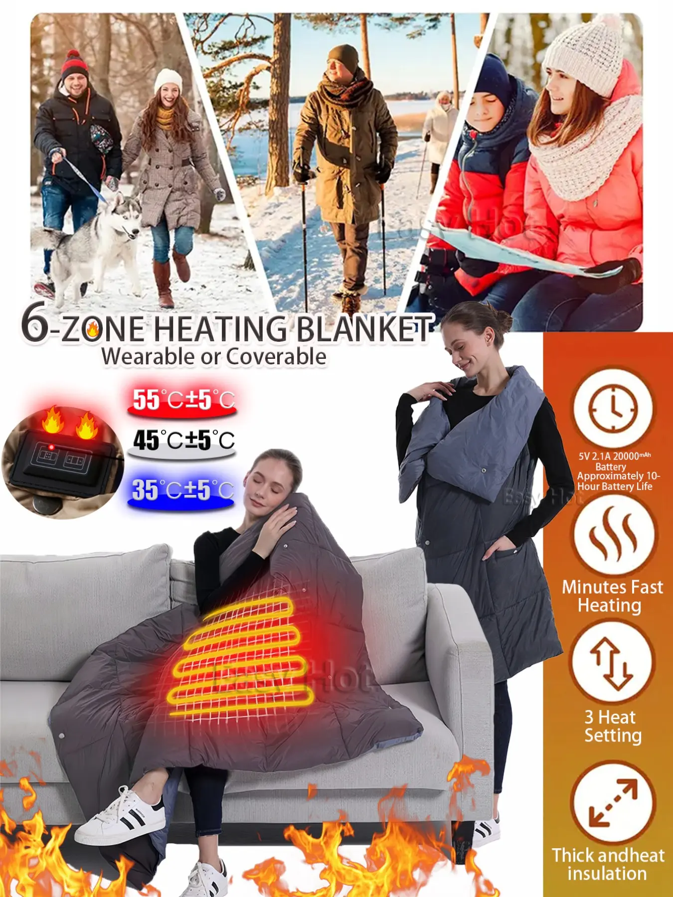 Electric Heating Blanket USB Rechargeable, 6 Heat Zones, Portable Battery-Powered, Lead, 43x52 Inches, Winter Long Sleeve