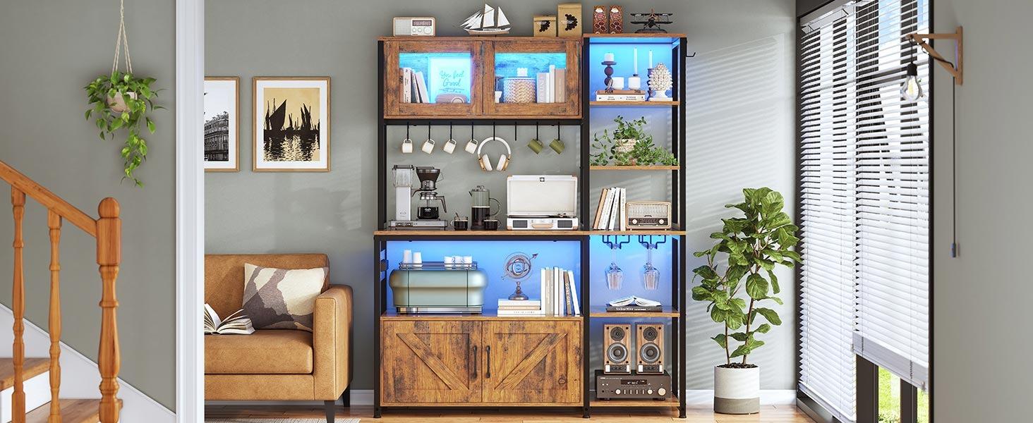 Sikaic 45.3 Inches Farmhouse Coffee Bar Bakers Rack with Power Outlet and LED Light Cabinet Kitchen with Storage Bookshelf