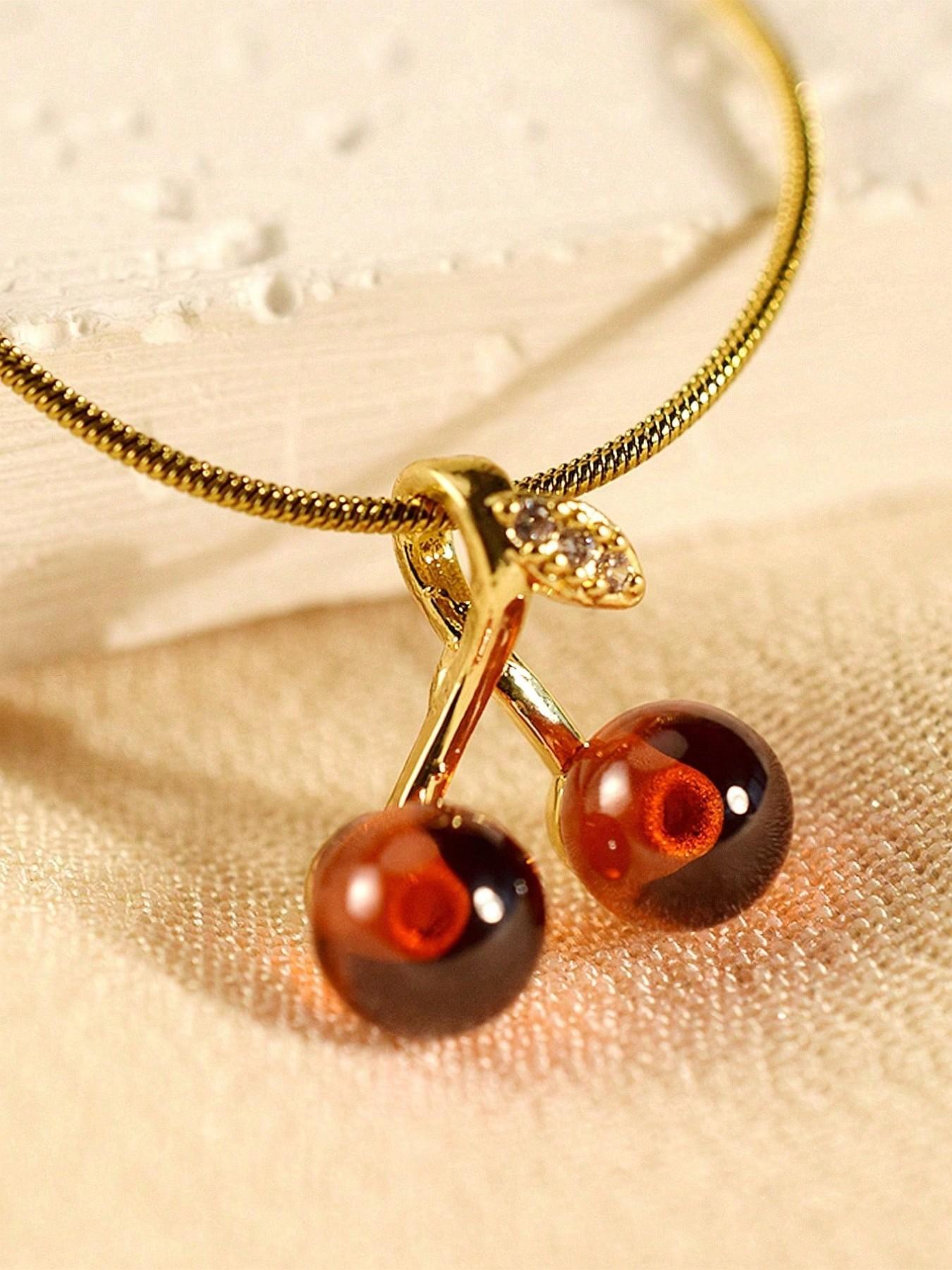 Cute Fashion Crystal Cherry Copper Pendant Stainless Steel Necklace, Valentine's Day Gift Jewelry for Women, All Seasons Wear