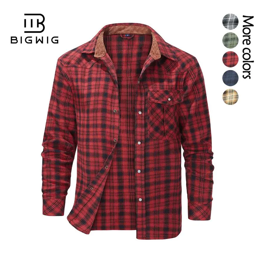 BIGWIG Men's Checked Flannel Shirt - Longsleeve, Pearl Snap, Button Collar, Regular Fit, Western Cowboy Retro Rugged Workwear, Casual Wear, Polyester, for Husband, Friend, Sporty Chic, Outdoors, Classic