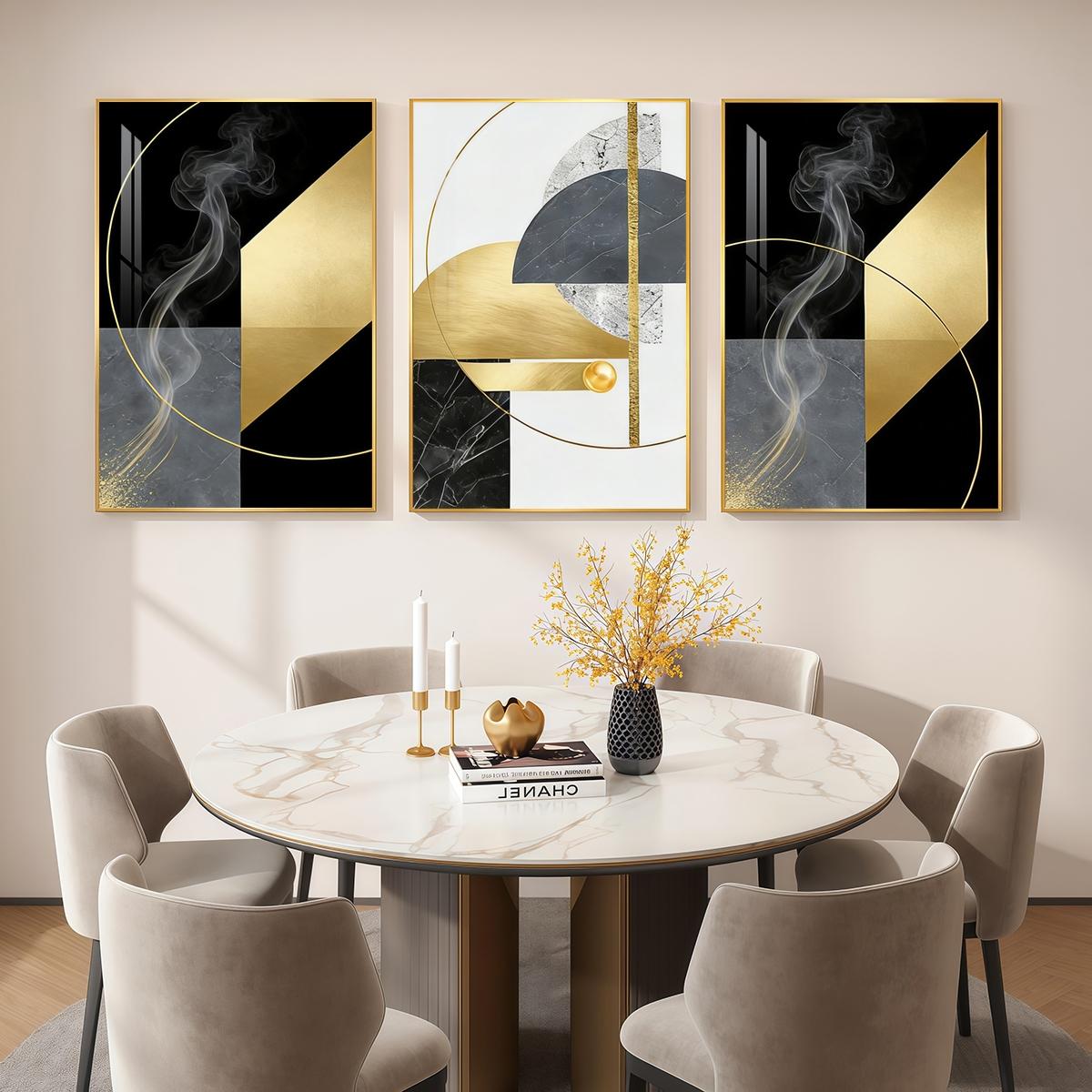 3 Counts Aluminum Alloy Framed Painting, Abstract Geometric Gold And Black Art Pictures, Home Decoration For Living Room, Bedroom, Office, Restaurant, Hallway Wall Decor, Odorless Print Artwork, Luxury Perfect Gift For Friends And Family