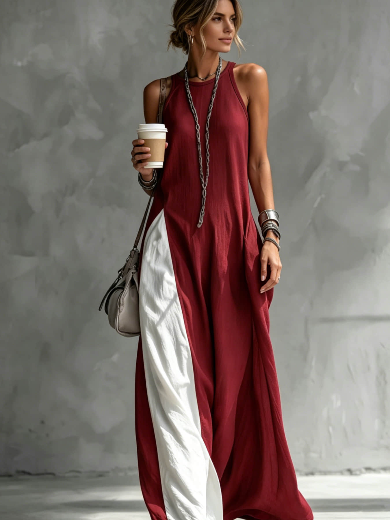 A relaxed, casual boho women's color-blocking dress, Boho Fashion beach sundress, with sleeveless vest, draping and flesh-concealing long skirt, suitable for summer, beach vacation, dating