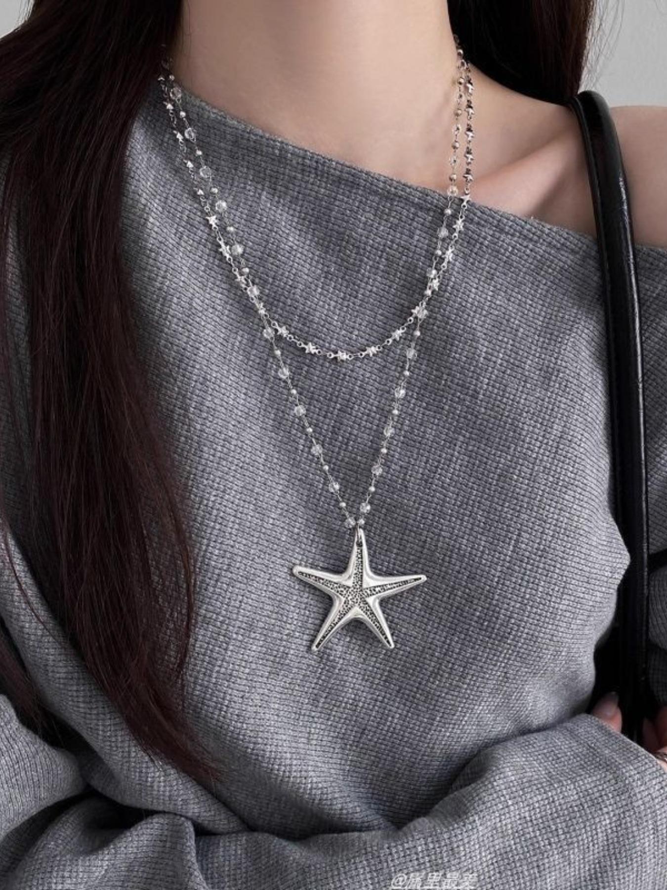 Y2K Trend Crystal Beaded Star Chain Sea Urchin Pendant Necklace, Vintage Long Design for Women, Perfect for Daily Wear & Parties, Starfish Necklace