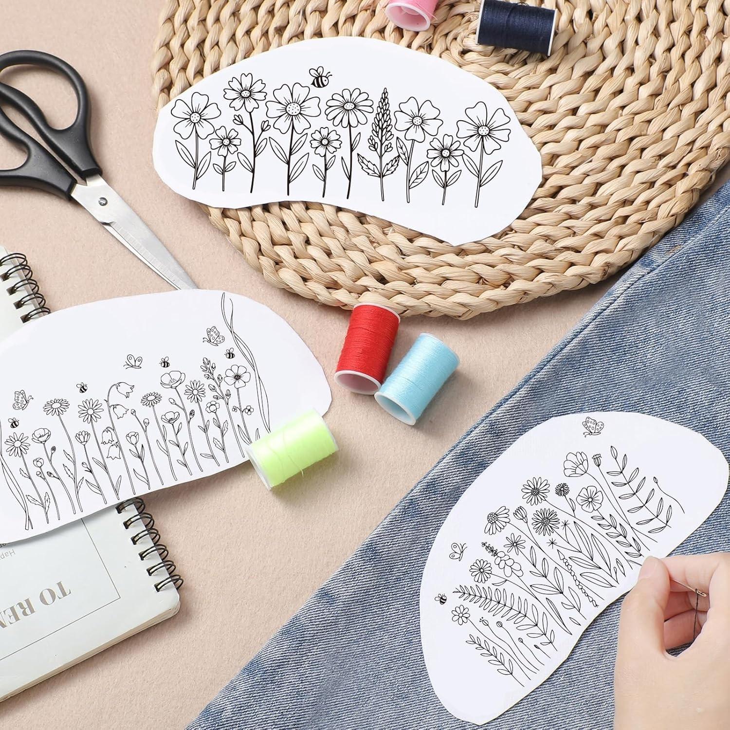 4 Sheets Preprinted Flower Embroidery Pattern Paper,Self-Adhesive Water Soluble Stabilizer Kit with Floral, Botanical & Alphabet Designs, Complete with Embroidery Floss & Needles for DIY Handmade Craft Supplies