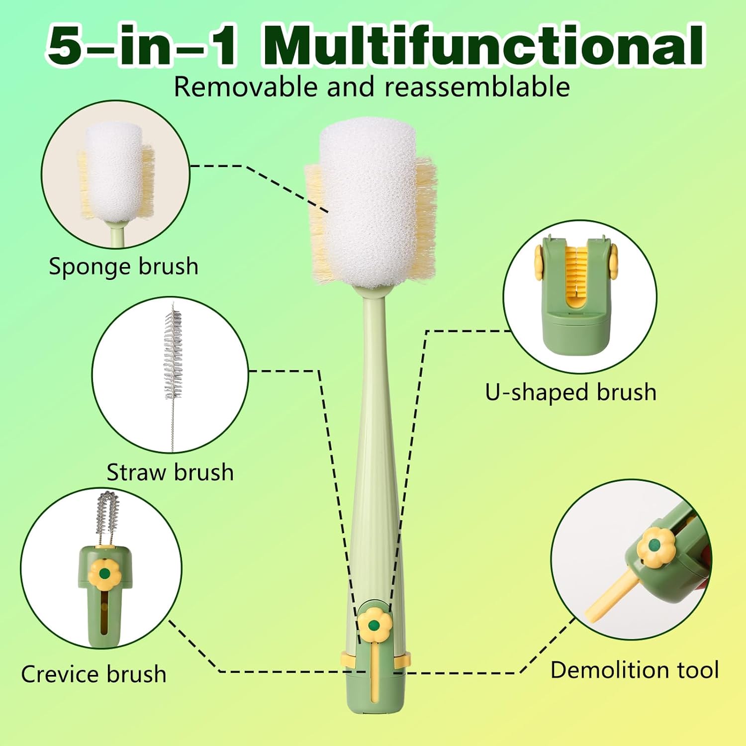 5-in-1 Bottle & Straw Cleaning Brush – Baby Bottle Brush Cleaner,Multifunctional Tool for Bottles, Cups, Straws (Cream White/Jasmine Green)