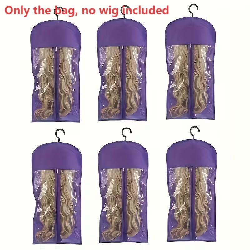 The wig storage bag is suitable for multiple wig stands and includes hangers for organizing wigs and hair extensions. It comes with 6 storage bags and 6 wig hooks.