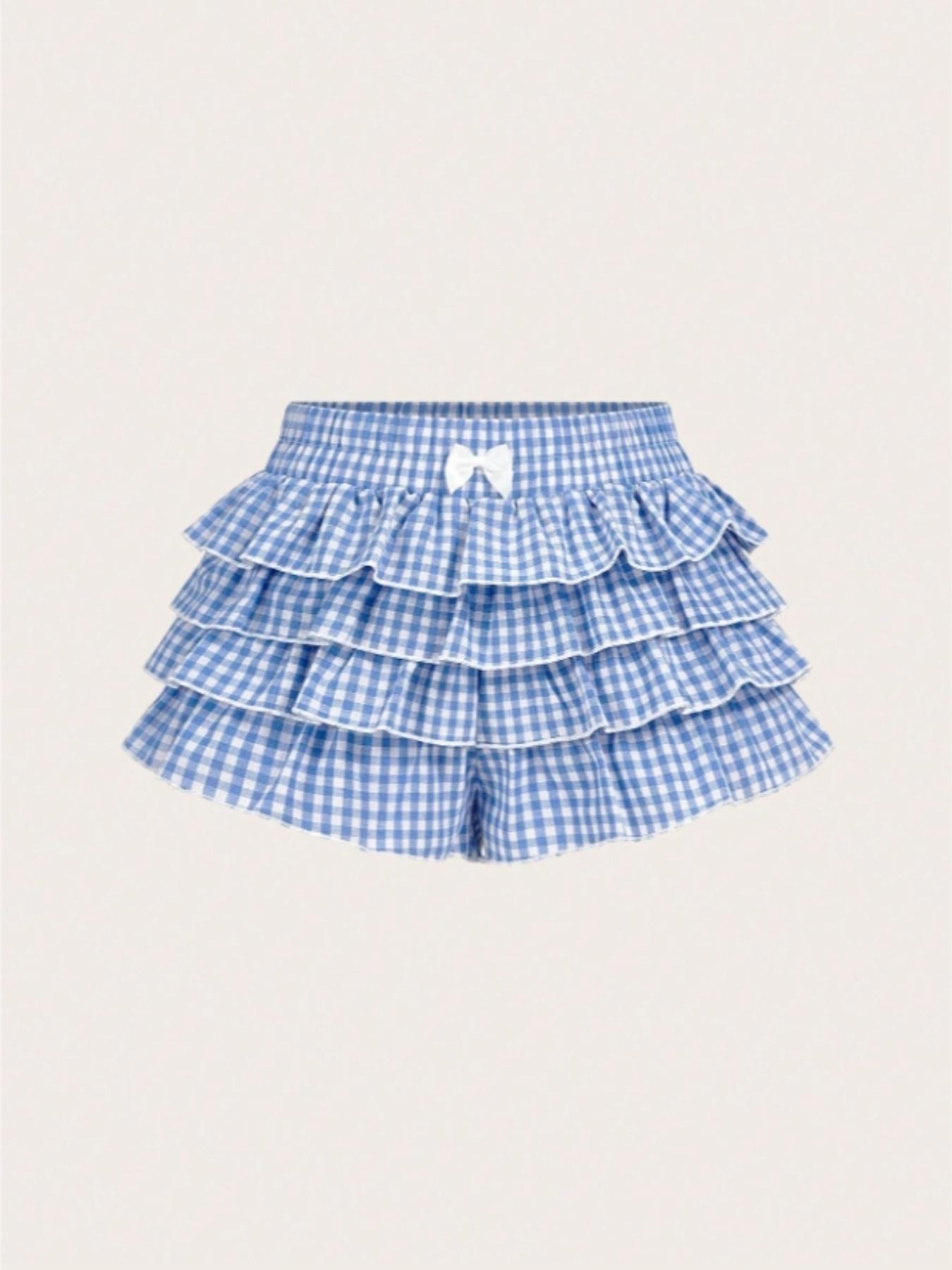 Casual Low Waist Plaid   Ruffle Hem Women's Shorts, Checkered Shorts, Women's Shorts for Summer, Perfect for School and Daily Wear