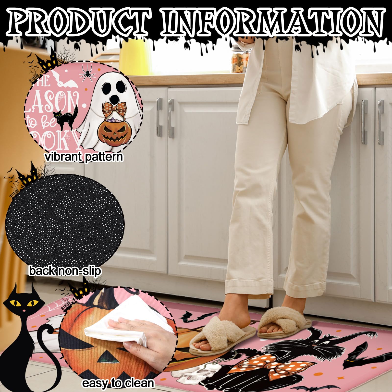 Halloween Kitchen Mat Ghost Rug Welcome Door Mat Halloween Decor Ghost Decor Non Slip Mat for Kitchen Bathroom Home Door Bedroom, Halloween Party Decorations