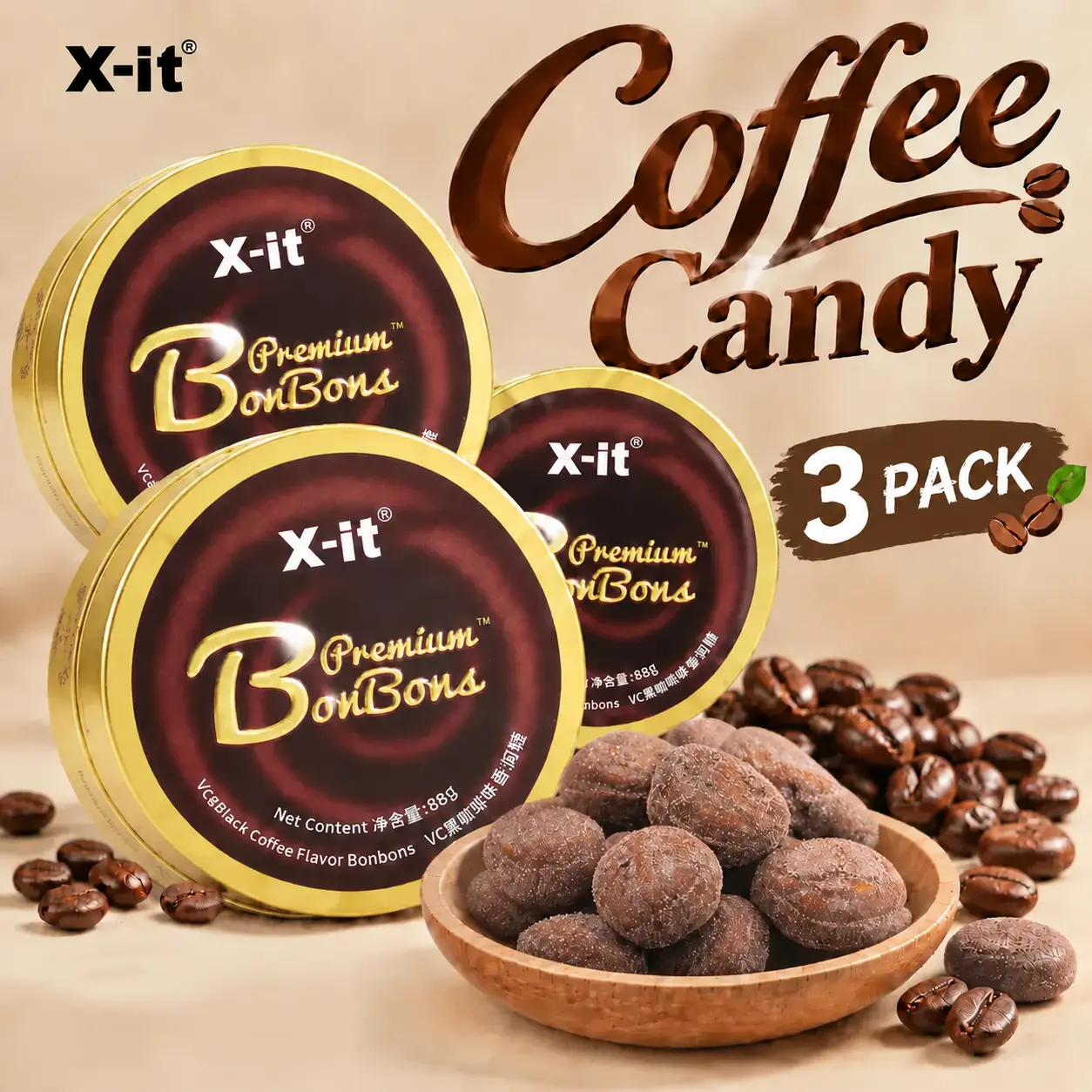 X-it Minty Black Coffee Hard Candy - Sweet Snack, Pocket Coffee & Minty Boiled Sweets, with Vitamin C, Eucalyptus Oil, 88g x3 Tins Pack, Gluten-Free, No Aspartame, Energy Boost for Office, Driving