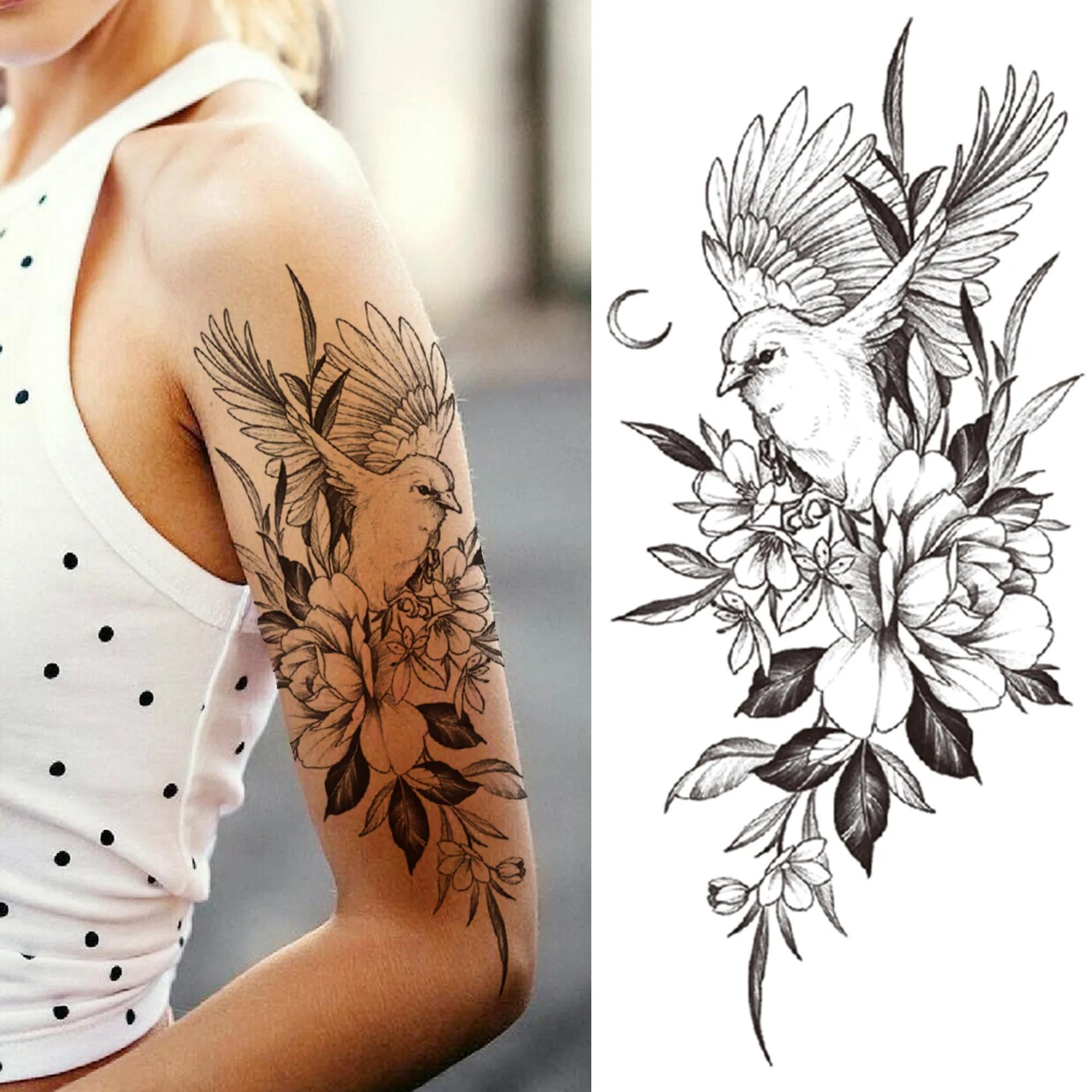 9pcs Death Skull Flower Temporary Tattoo For Women Girls Snake Bird Peony Tattoo Sticker Black Fake Blossom Sexy Tatoo Transfer Adult