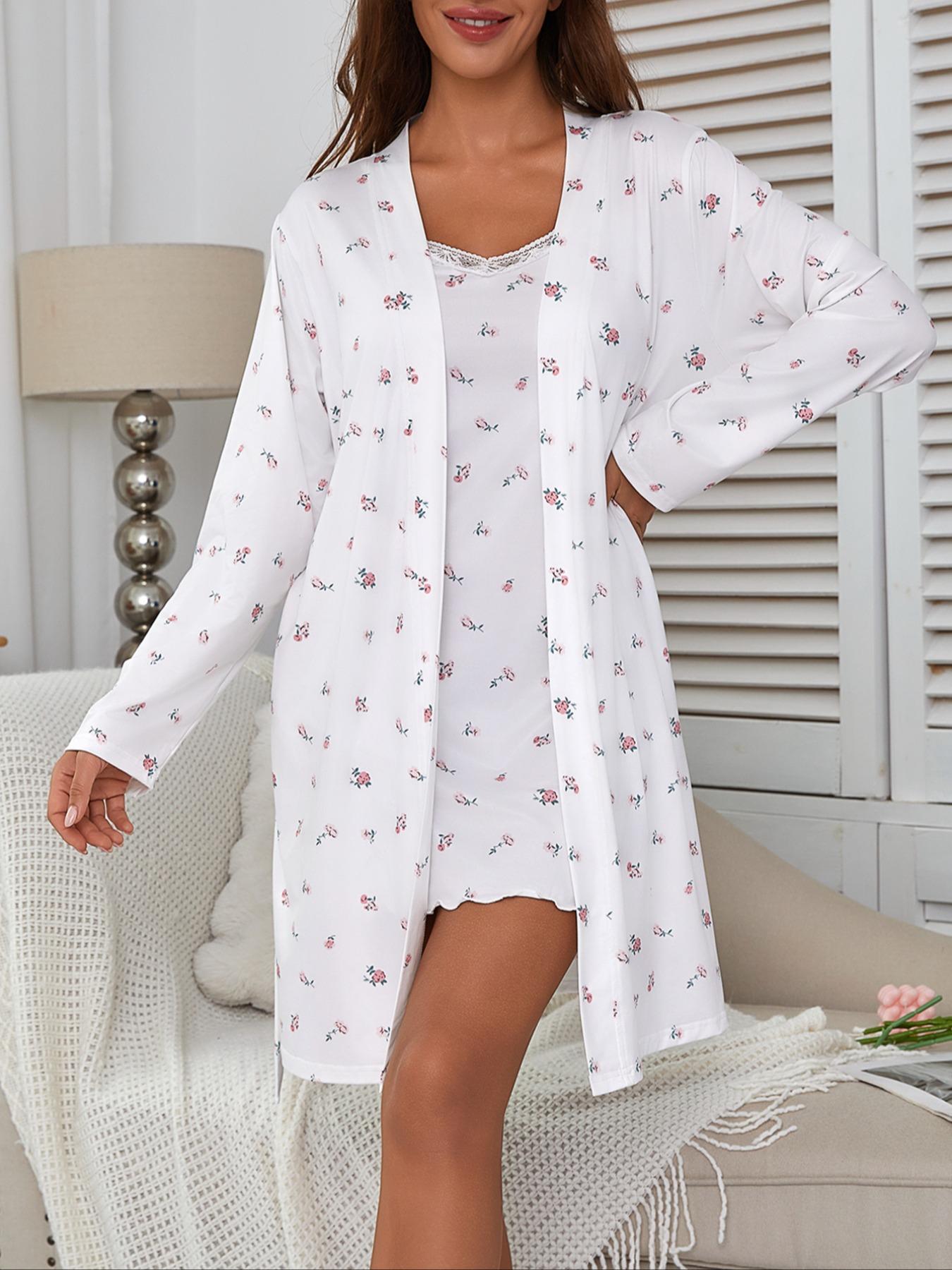 Women's Floral Print Robe Set with Lace Strap Dress, Elegant Comfortable Sleepwear, Fashion Sleepwear, Casual Home Wear, All Seasons, Fitted Style