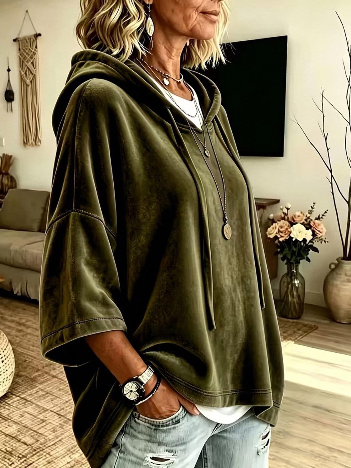 Women’s Hooded Top, Loose Fit Velour Pullover with 3/4 Sleeves, Soft Solid Color Casual Hoodie for Fall Winter, Everyday Lounge & Streetwear