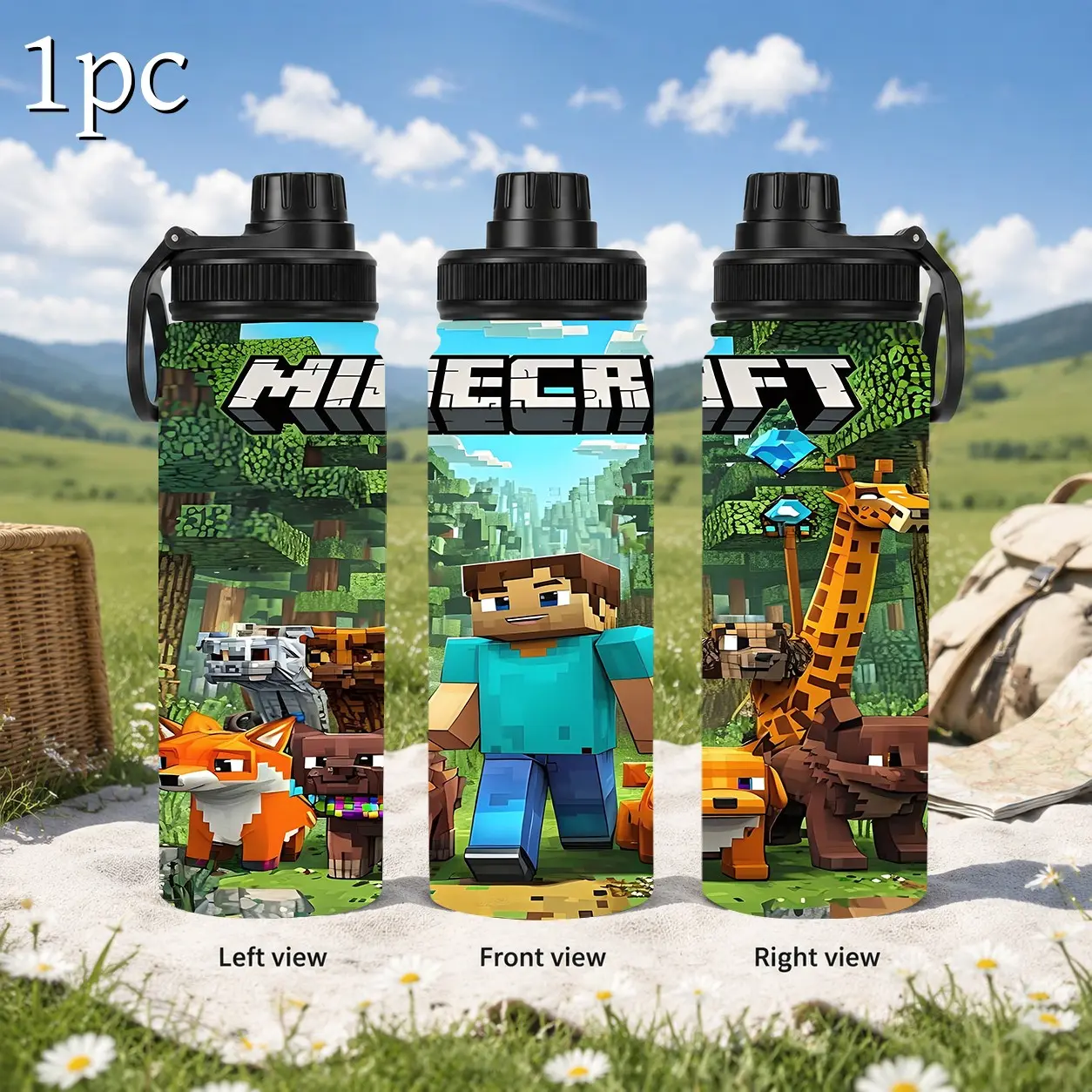 1pc 20/32oz Insulated Cup, 2D Minecraft Pattern, Stainless Steel Water Bottle, Leak-Proof, Reusable Travel Drinkware, Outdoor Sports Camping Gift