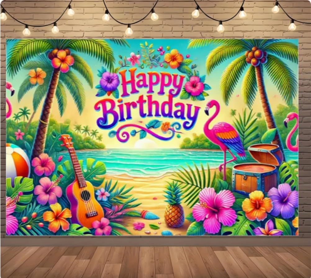 Happy Tropical Birthday, Large Summer Beach Party Banner; Colorful Hawaiian Flamingo Ukulele; Pineapple Hawaiian Party Garden Wall Decor; Indoor Birthday Celebration