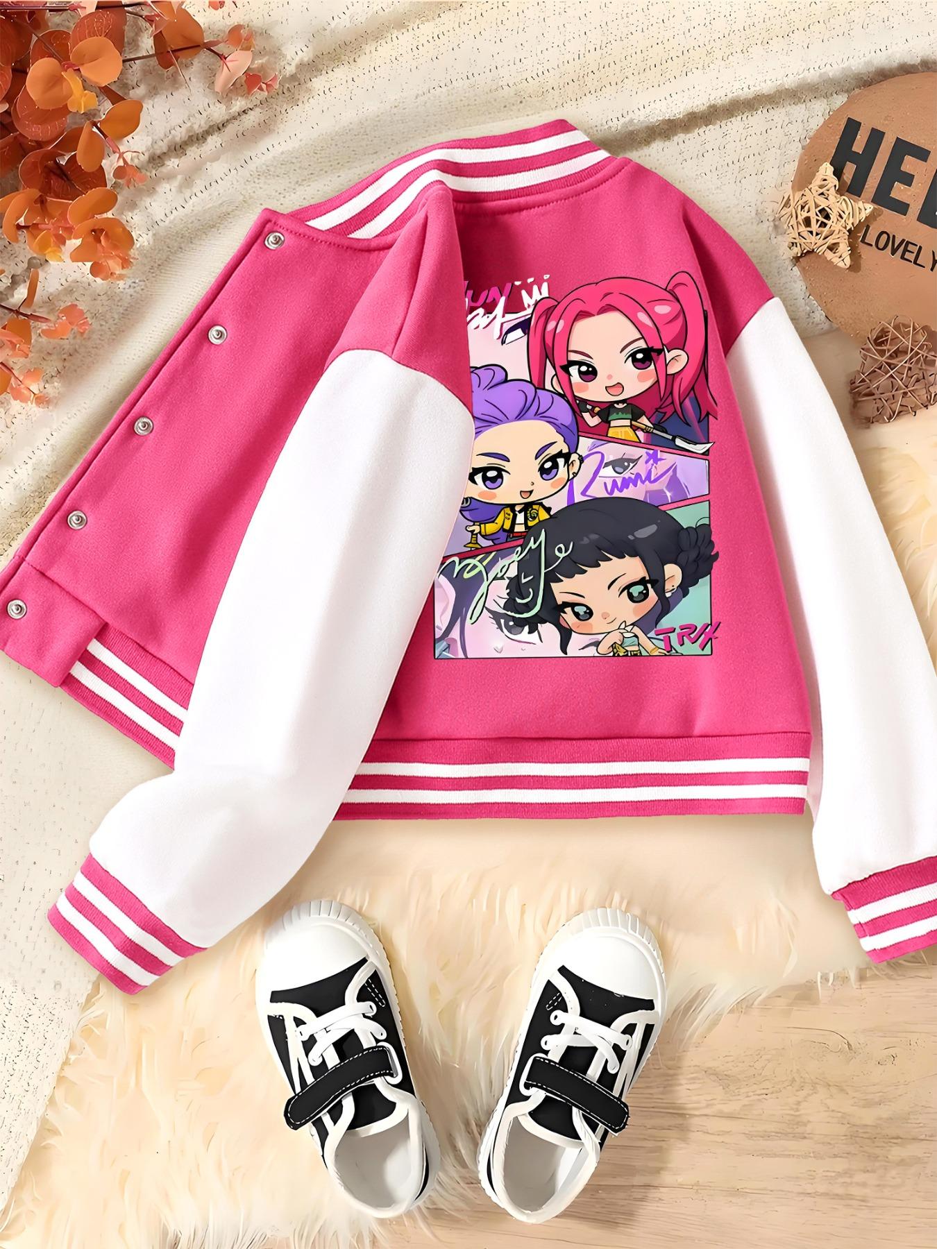 Girls Baseball Jacket Coat, Collared Jacket, Cartoon Design, Elastic Fabric, Fitted Style, Fall & Winter School Uniform, Outdoor Indoor Sports Wear