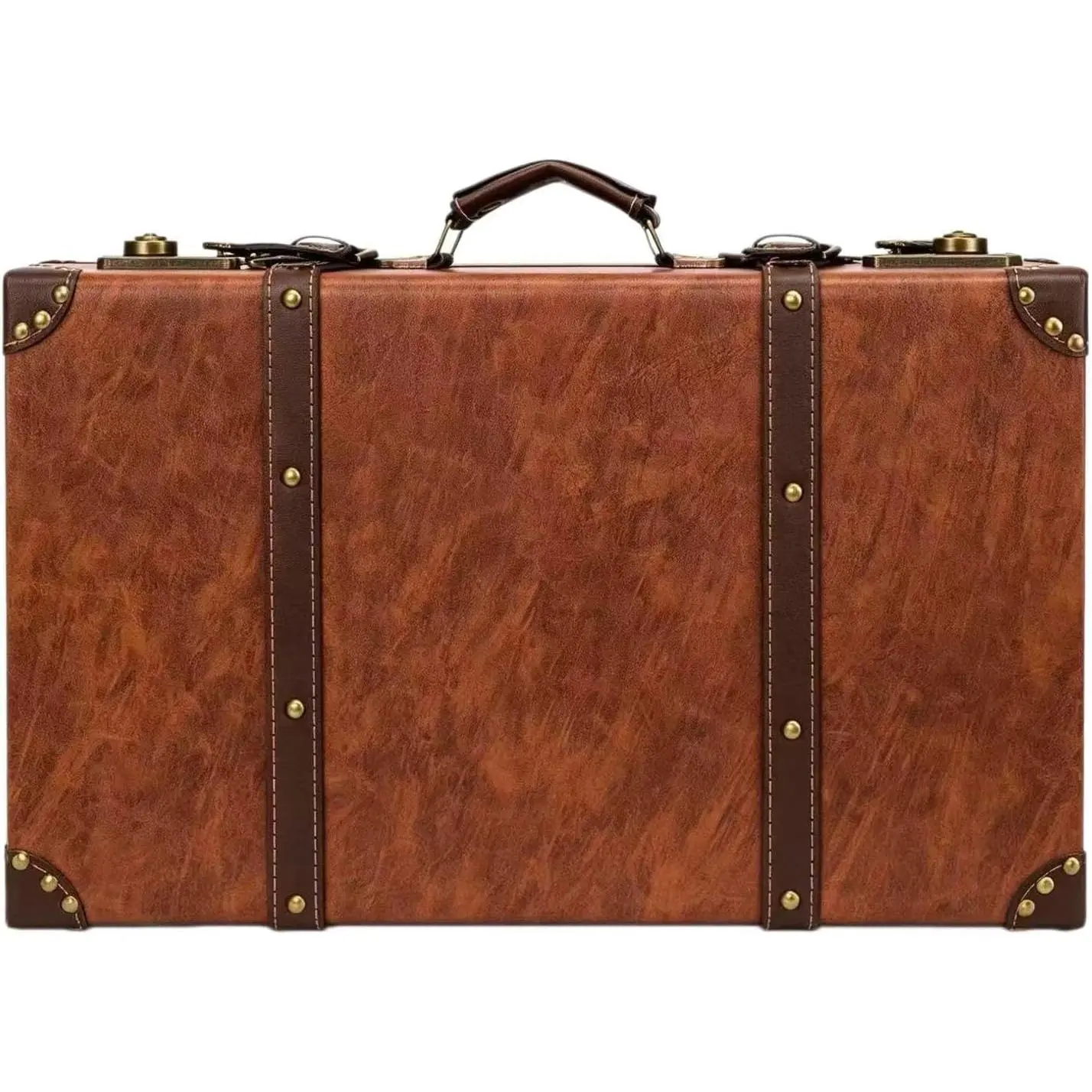 Vintage Leather Suitcase, Small Decorative Storage Trunk, Retro Luggage Box with Handle for Home Decor, Photoshoot & Movie Props, Brown