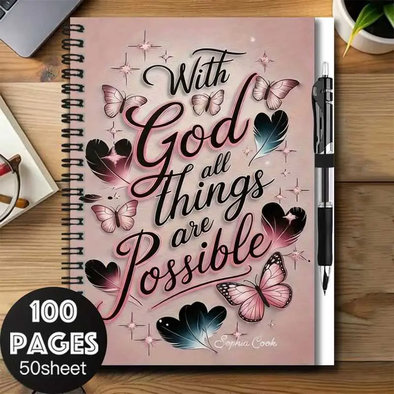 2D cover spiral notebook journal and pen set, printed with the phrase "With God all things are possible," paired with a butterfly feather pattern. Suitable for work and study, used as a graduation gift, birthday present