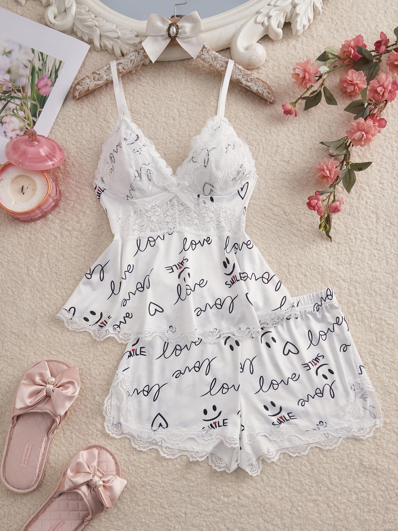 Women's Plain Lace Patchwork Breathable Fitted Sleeveless Lingerie Cami Top with Bow & Shorts PJ Set, Adjustable Spaghetti Strap Camisole & Elastic Waist Shorts, Ladies Casual Sleepwear for All Seasons Outfit