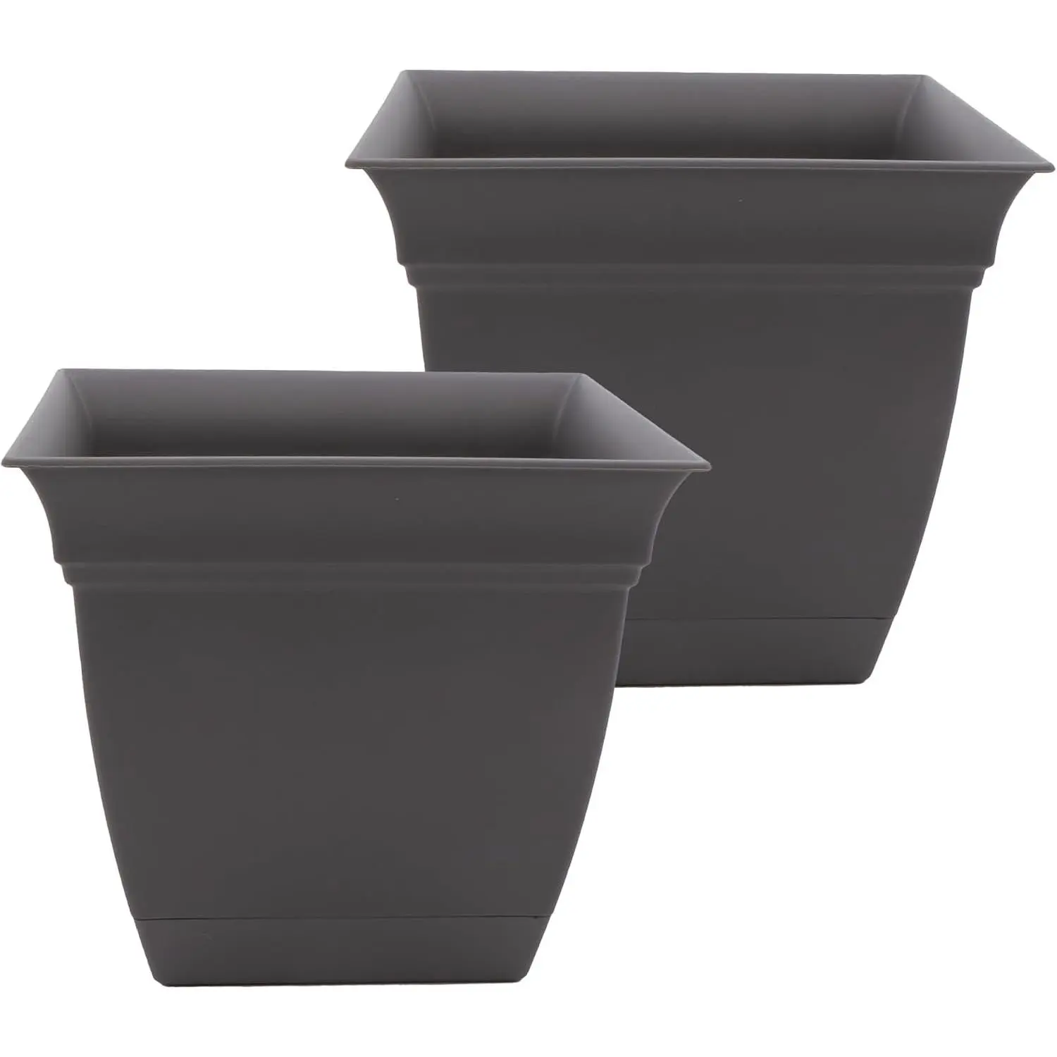10 Inch Eclipse Square Planter Pots with Drainage Holes & Attached Saucer, Lightweight UV-Resistant Plastic Indoor Outdoor Planters, 2-Pack Flower Pots, Garden Home Decor, Warm Gray