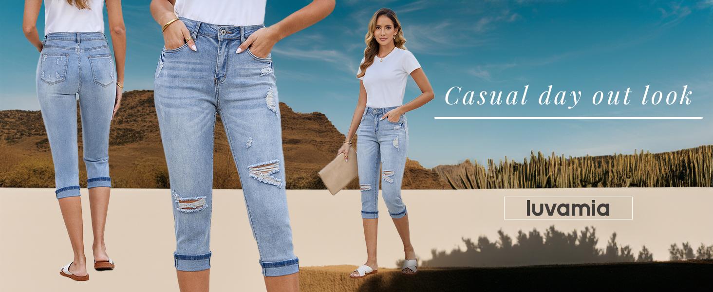 luvamia Denim Jeans for Women Stretch High Waisted Distressed Capris Ripped Skinny Cropped Pants Streetwear Bottom Pocket Womenswear Basic jeans for women
