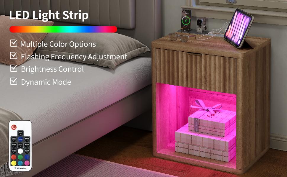 FUSOU Night Stand with Charging Station, Large LED Nightstand with Drawer and Storage Shelf, Lighting Modes Adjustable, Modern Deals for you Days Wood Nightstand Side Table End Table for Bedroom, Living Room, Oak