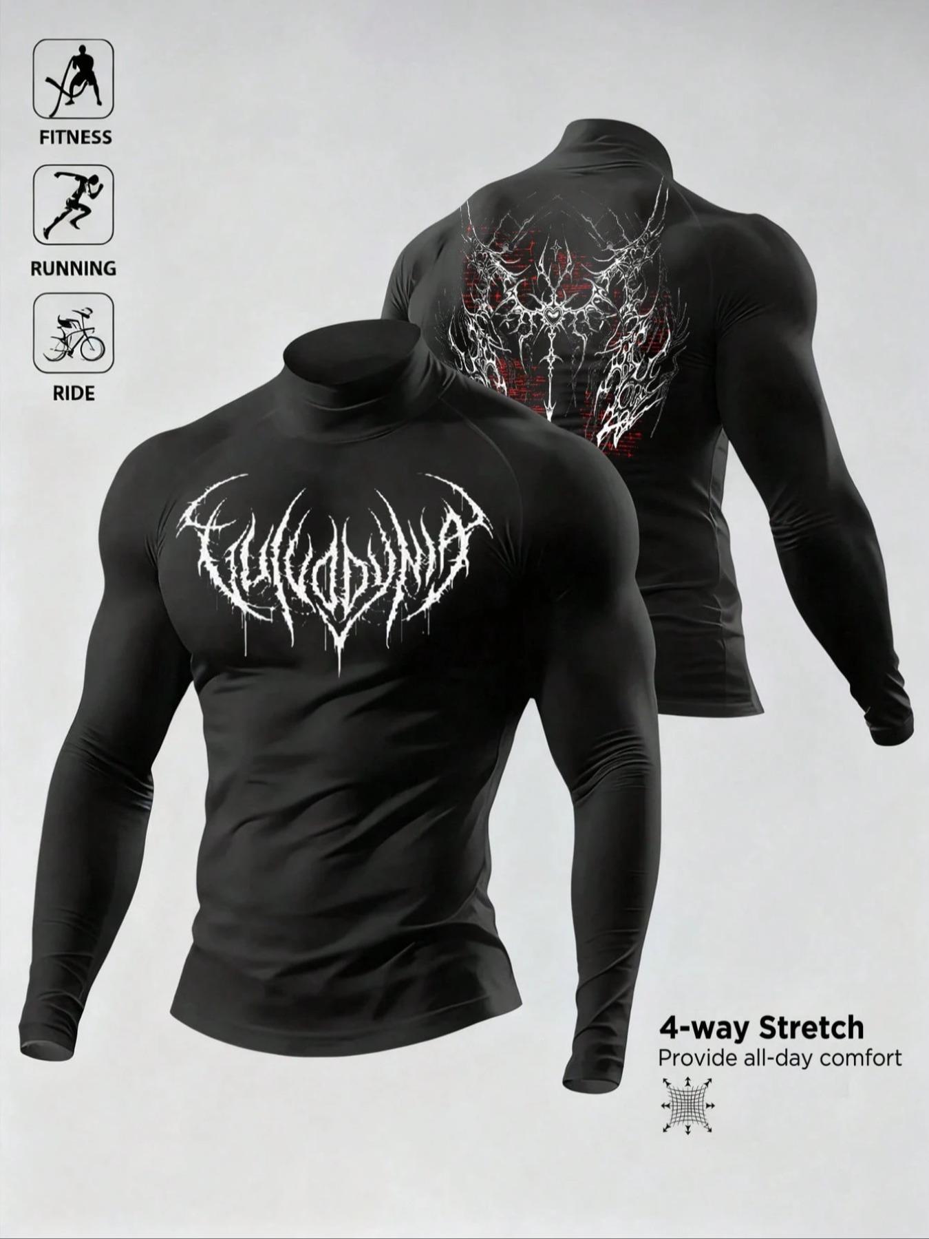 Men's Breathable Fitted Long Sleeve Compression Sports T-Shirt with High Neck Design, Fitness Long Sleeve T-Shirt