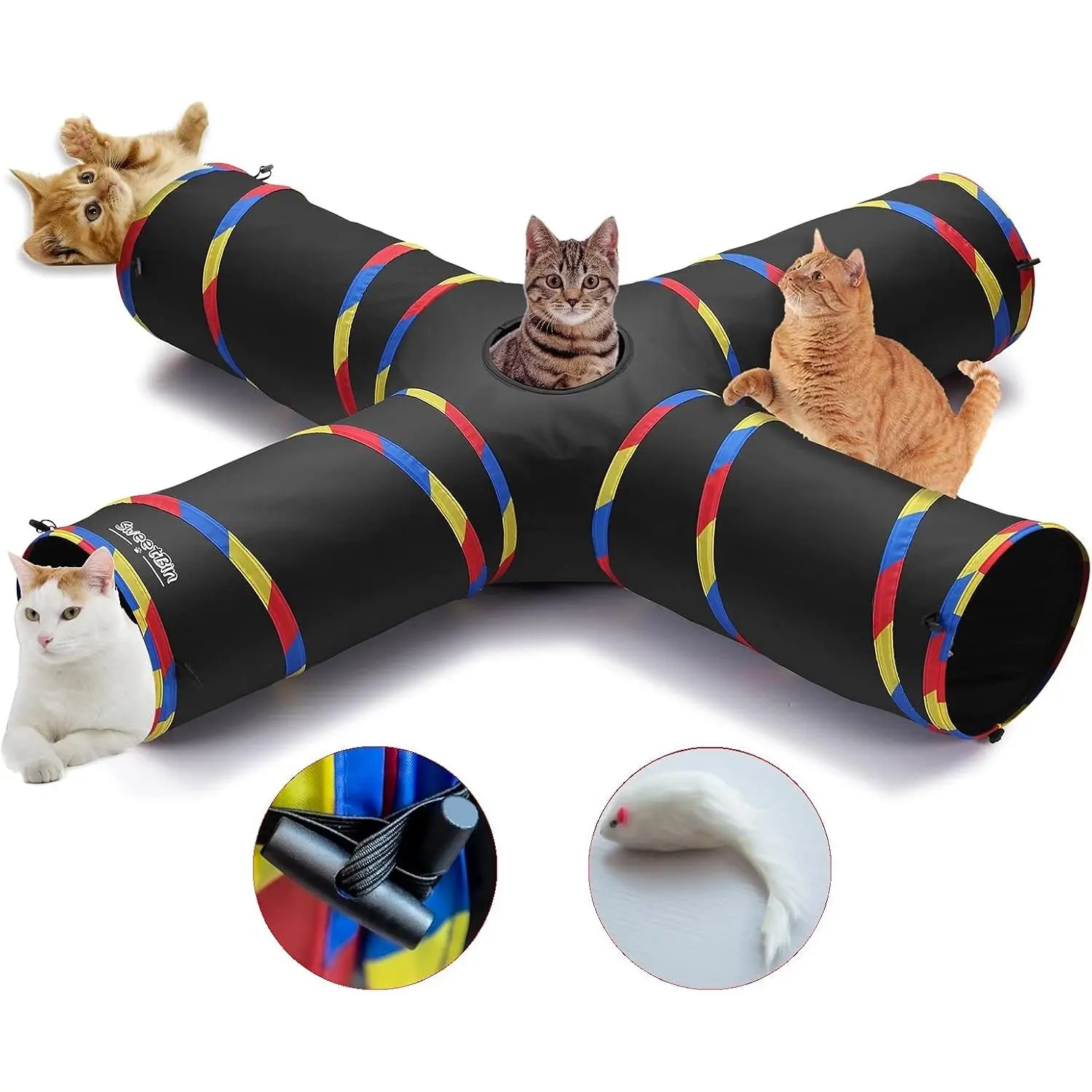 Tunnels - 4 Way  Tunnel for Indoor Cats Play & Exploration (with  ) - Collapsible Pop Up Tubes for Ferrets, Rabbits, and Small Dogs Fun