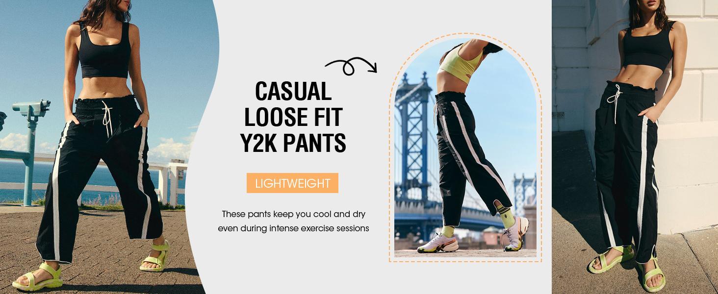 FISOEW Women's Baggy Wide Leg Pants Casual Drawstring Elastic Waisted Contrast Color Workout Y2K Track Pants Crop Top Comfort FallFreshness Lightweight Outdoor outfit cuffed wide leg sweatpants joggers #TikTokShopJumpstartSale Fitted Parachute sweatpants