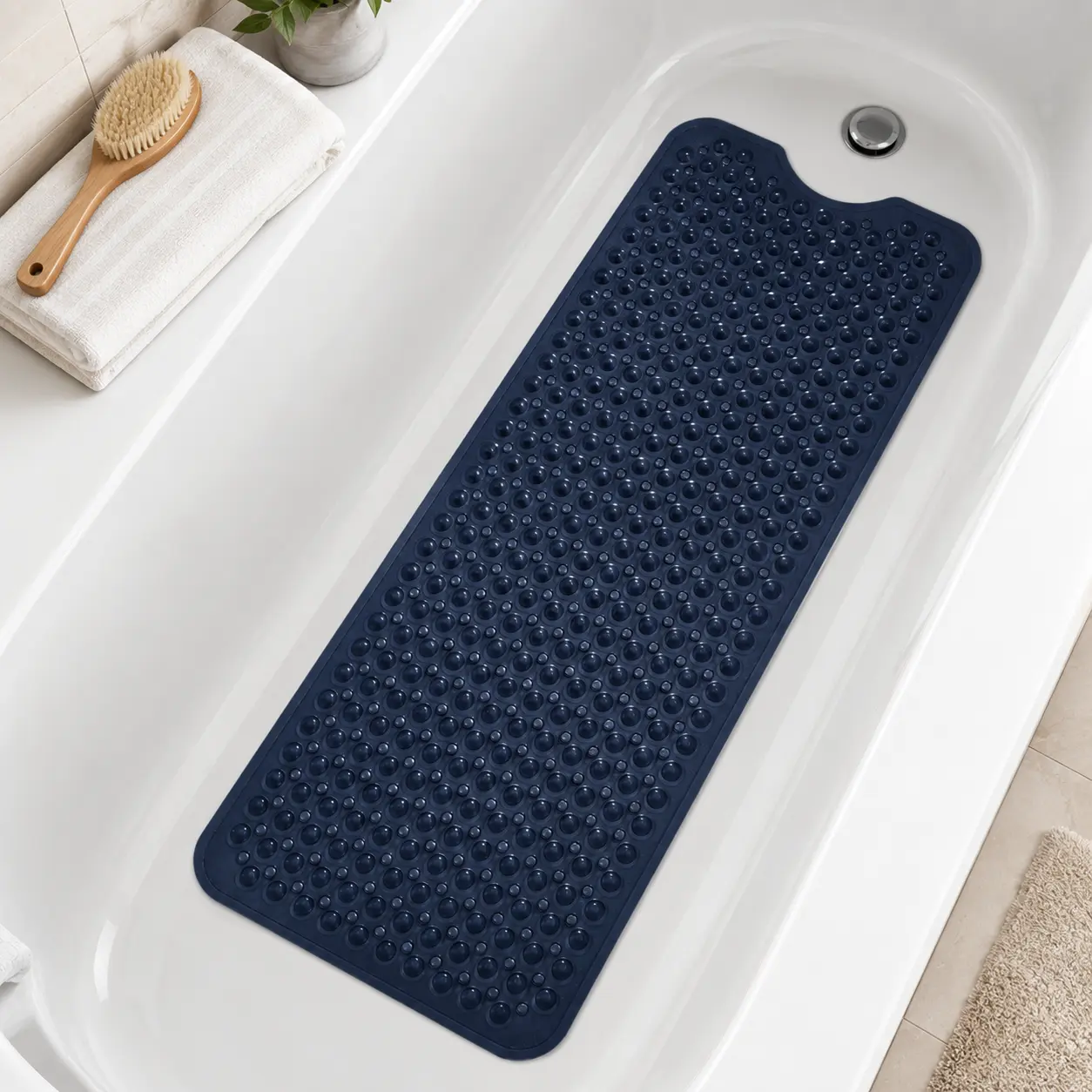 40 x 16 Inch Extra Long Non-Slip Bathtub Mat with Suction Cups and Drain Holes, Soft Textured Shower Floor Mat for Smooth Tubs, Machine Washable Roll-Up Bath Mat for Kids, Adults, Seniors and Everyday Bathroom Use, Multiple Colors