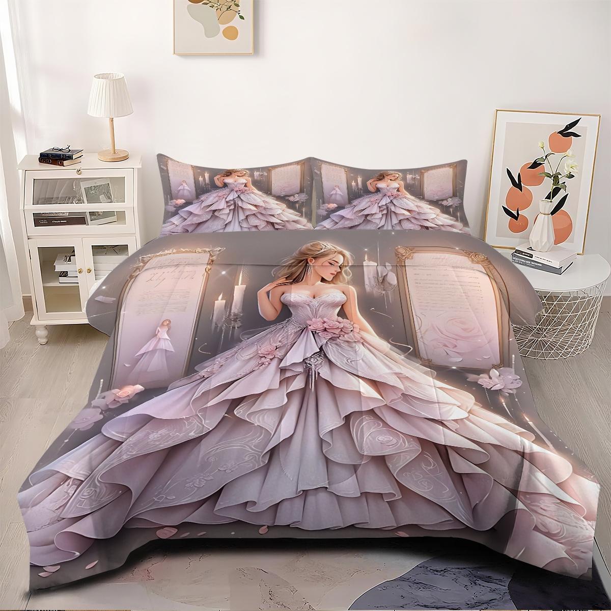 2/3 Dreamy and Cute Style Comfortable Comforter Set, Using Cute Cloud Printed Quilted Bedding Set, Soft and Breathable, Creating A Dreamy Atmosphere for A Girlish Bedroom. Includes 1 or 2 Pillowcases (Excluding Pillow Core).