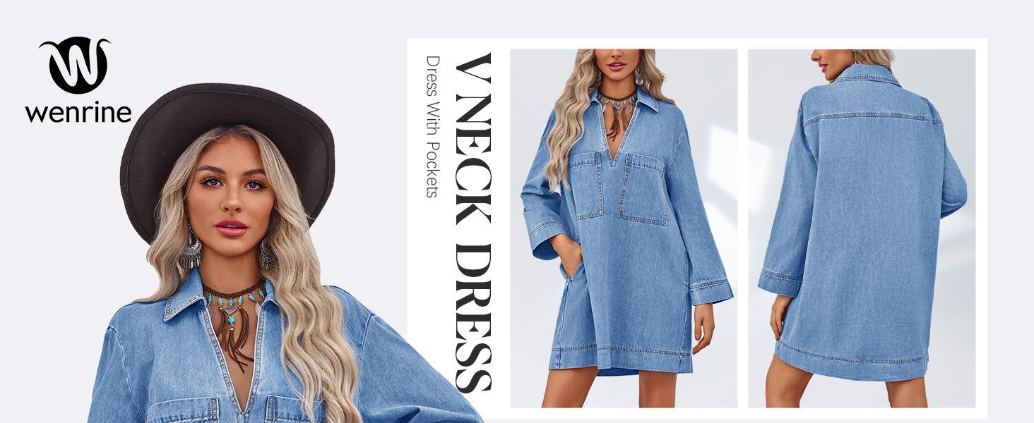FMEYOA Womens Denim Shirt Dress Long Sleeve V Neck Loose Casual Jean Mini Dress with Pockets