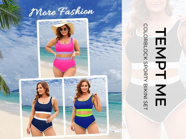 Tempt Me Women Plus Size High Waisted Bikini Set Tummy Control Two Piece Swimsuit Full Coverage Sporty Two Piece Bathing Suits