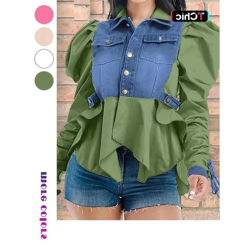 Women's Colorblock Ruched Knot Design Long Sleeve Button Front Blouse, Casual Leg-of-Mutton Sleeve Pocket Top for Spring & Fall, Women's Clothing