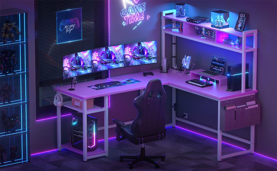 L Shaped Gaming Desk with Power Outlets & LED Lights, Small L- Shaped Desk Computer Corner Desk with Monitor Stand & Storage Shelf,