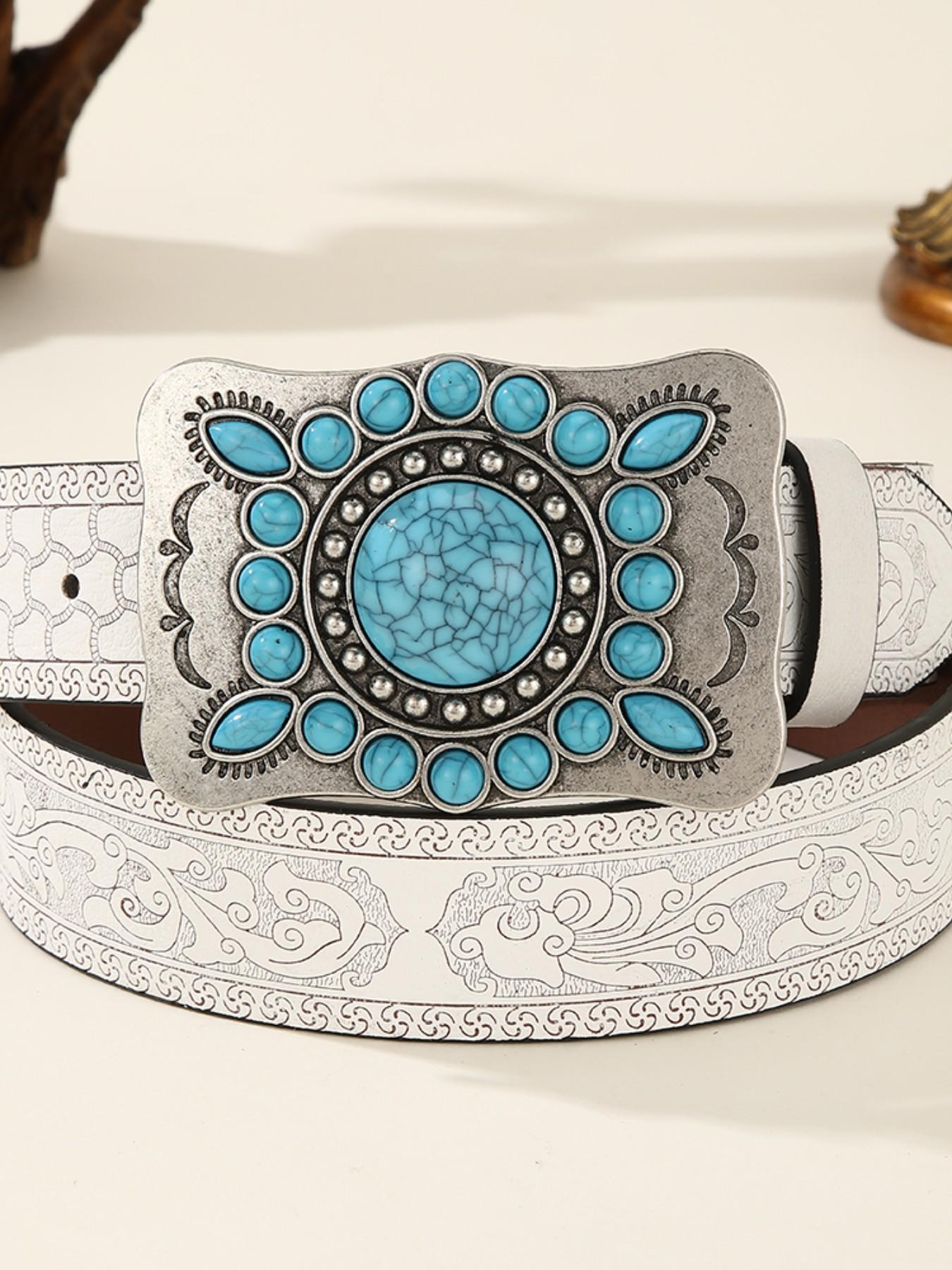 Wide Belt for Women, Vintage Court Style, Sapphire Inlaid Oval Western Buckle, Pants Waist Belt, Cross-Border Fashion Accessory