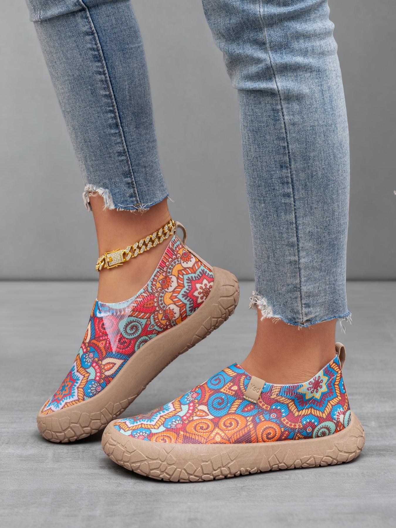 2026 New Women's Casual Shoes, Boho Print Sneakers, Slip-On Flat Shoes, Lightweight Soft Sole, All Seasons, Textile Upper, PVC Sole