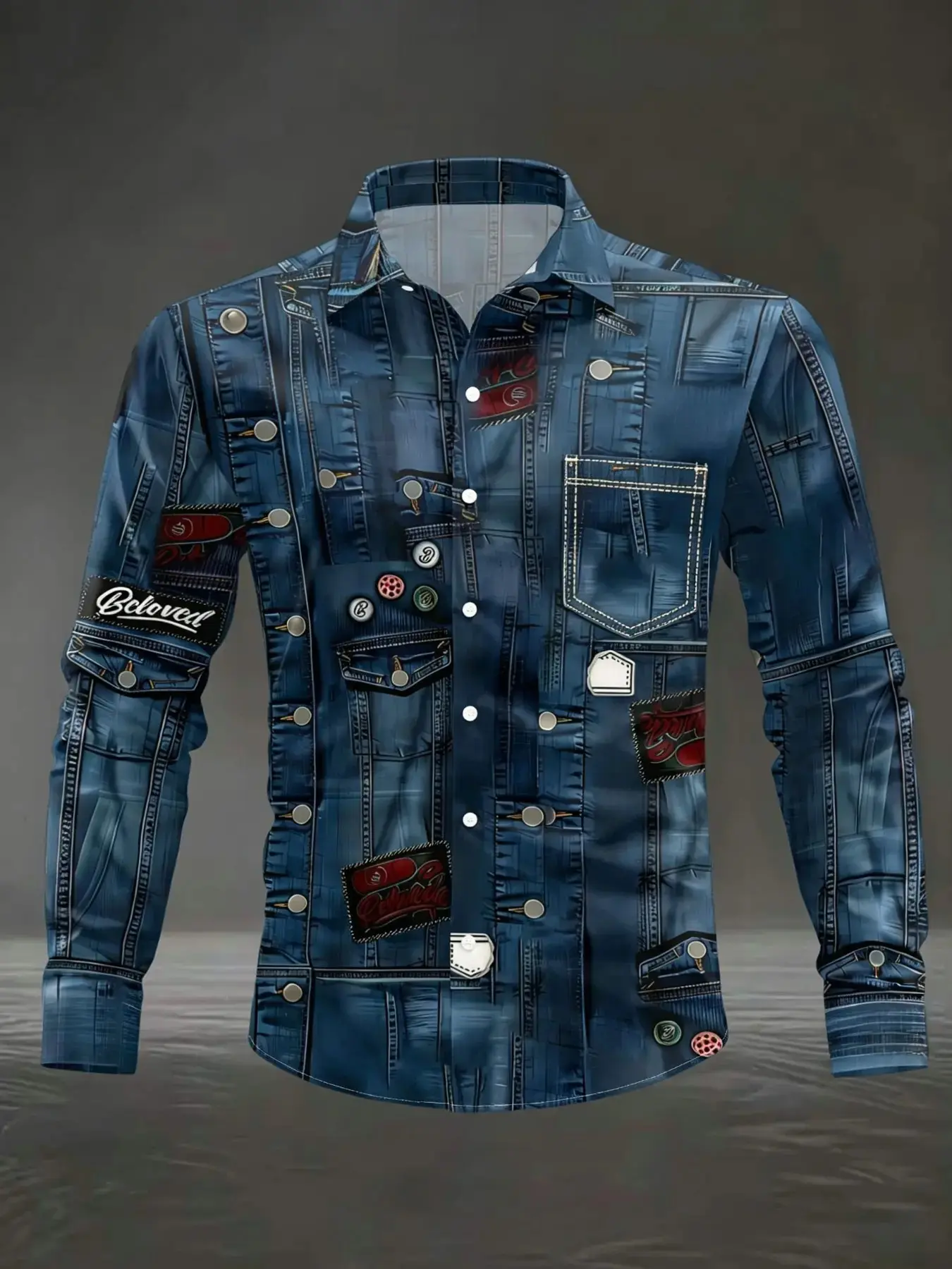 Men's Long Sleeve Button-Up Shirt, Denim Patchwork 3D Print, Loose-Fit Casual Streetwear, Ideal for Daily Wear, Parties, Vacations