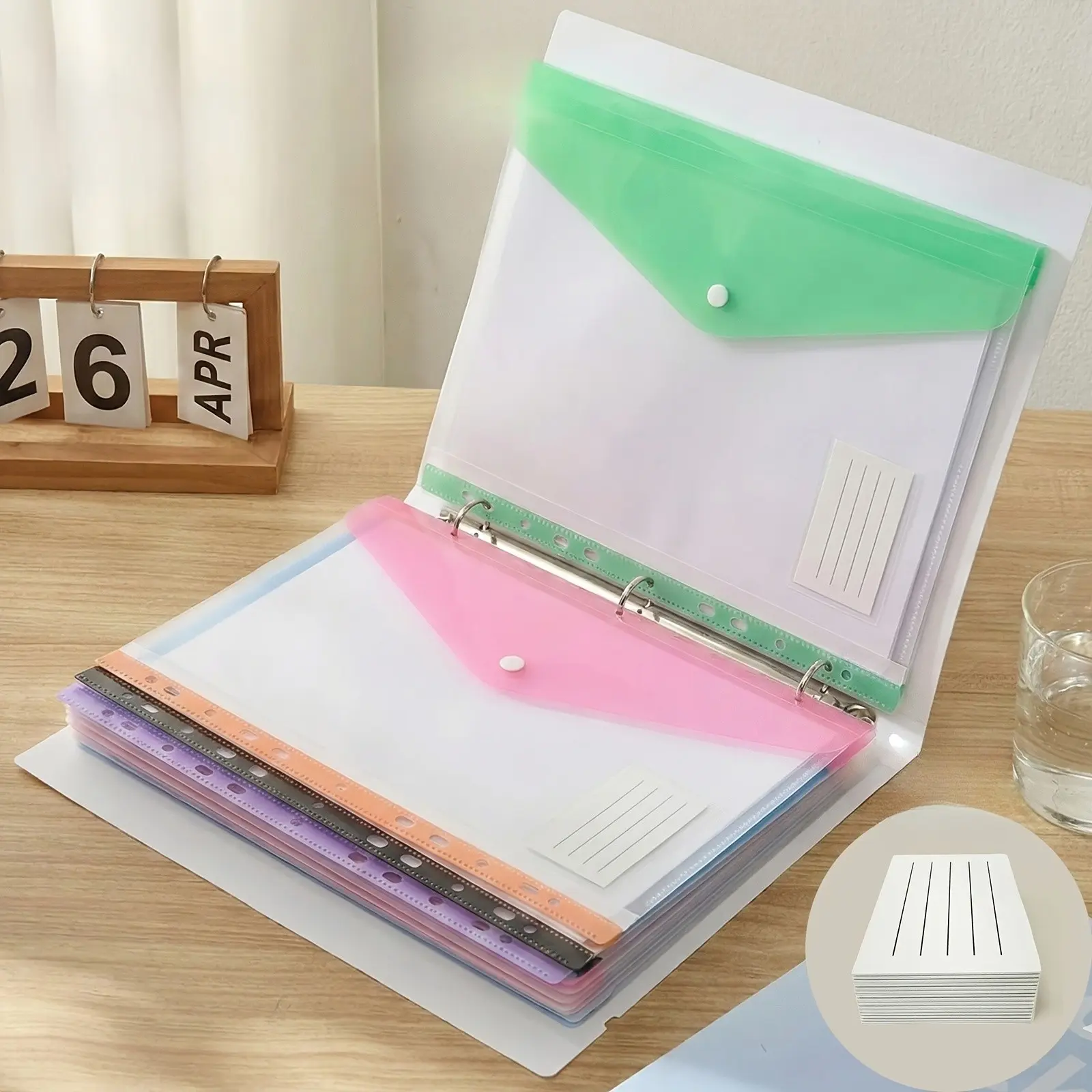 6/12pcs A4 Loose Leaf File Folder Set, PP material document organizers with 11-ring binder pockets and snap closure design for sorting files and documents, suitable for school, office filing and home document management, Sorting File Storage