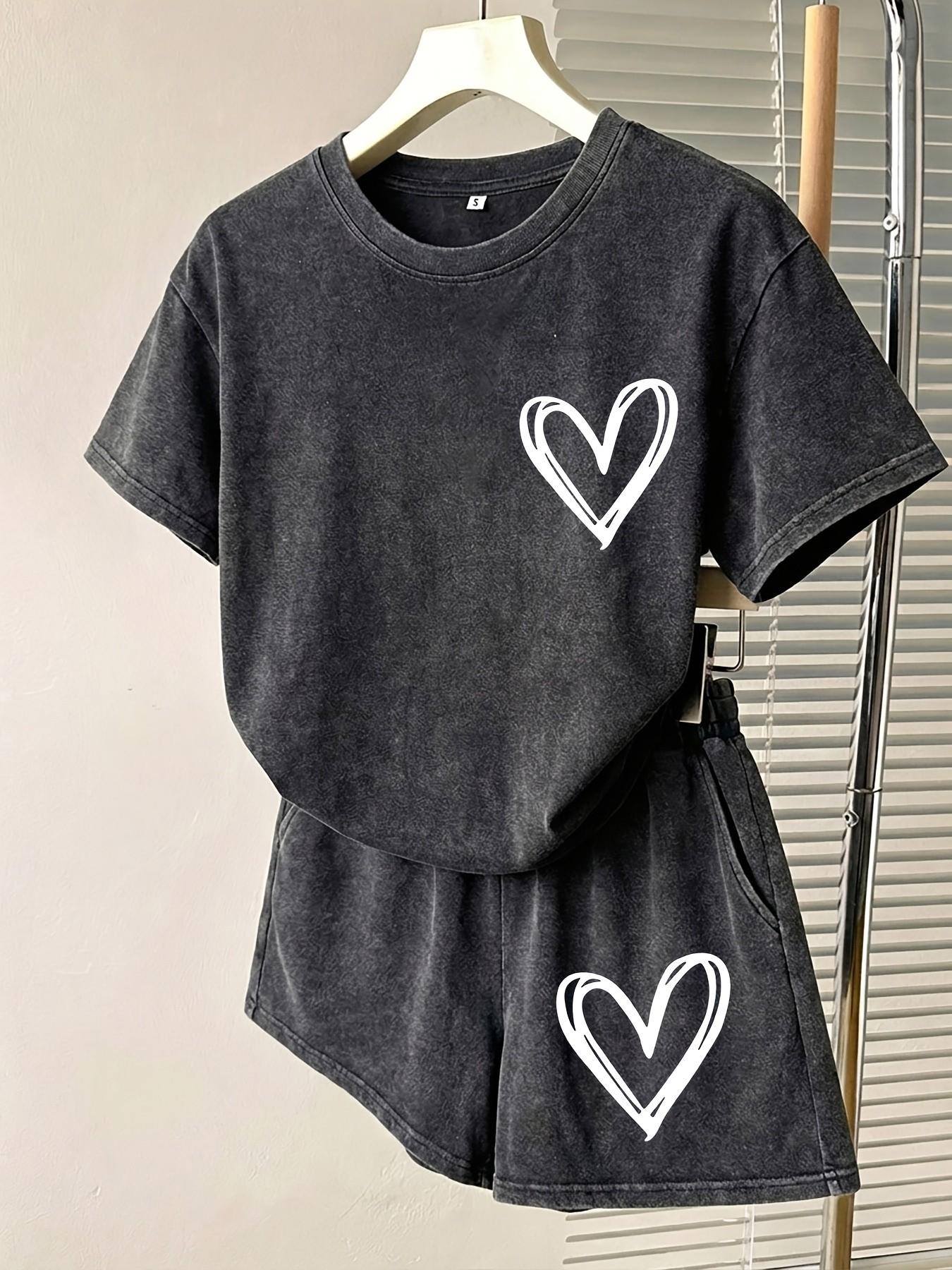 2-Piece Line Heart Print Distressed Wash Set, Heavyweight Fabric, Short Sleeve Round Neck Top and Elastic Drawstring Shorts, Basic and Versatile Outfit, Casual Summer Look