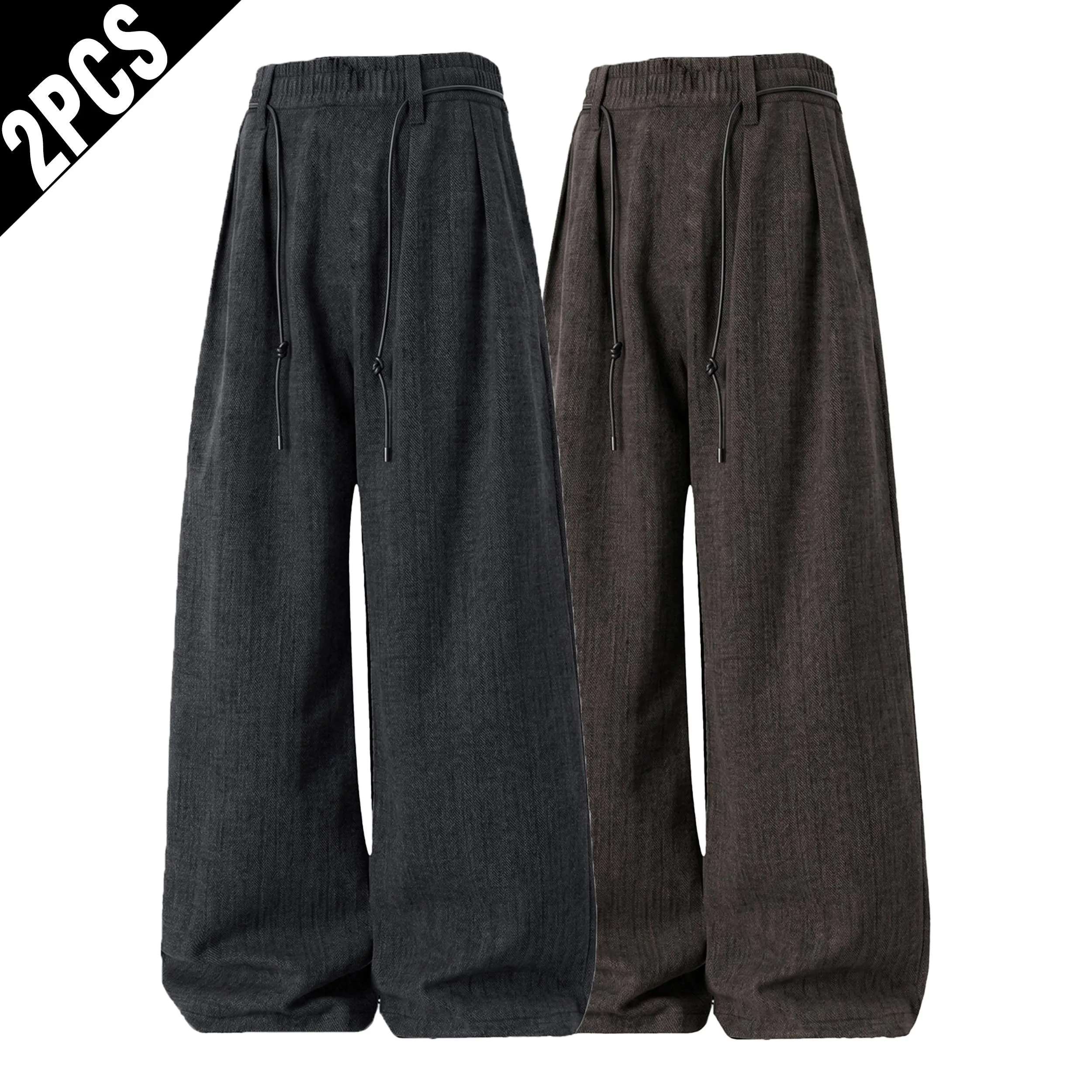 Men's 2-Pack Solid Plain Textured Fabric Menswear Baggy Sweatpants - Elastic Back Waist, Drawstring, Pleated Wide Leg, Loose Drape Vintage Street Casual Long Trousers