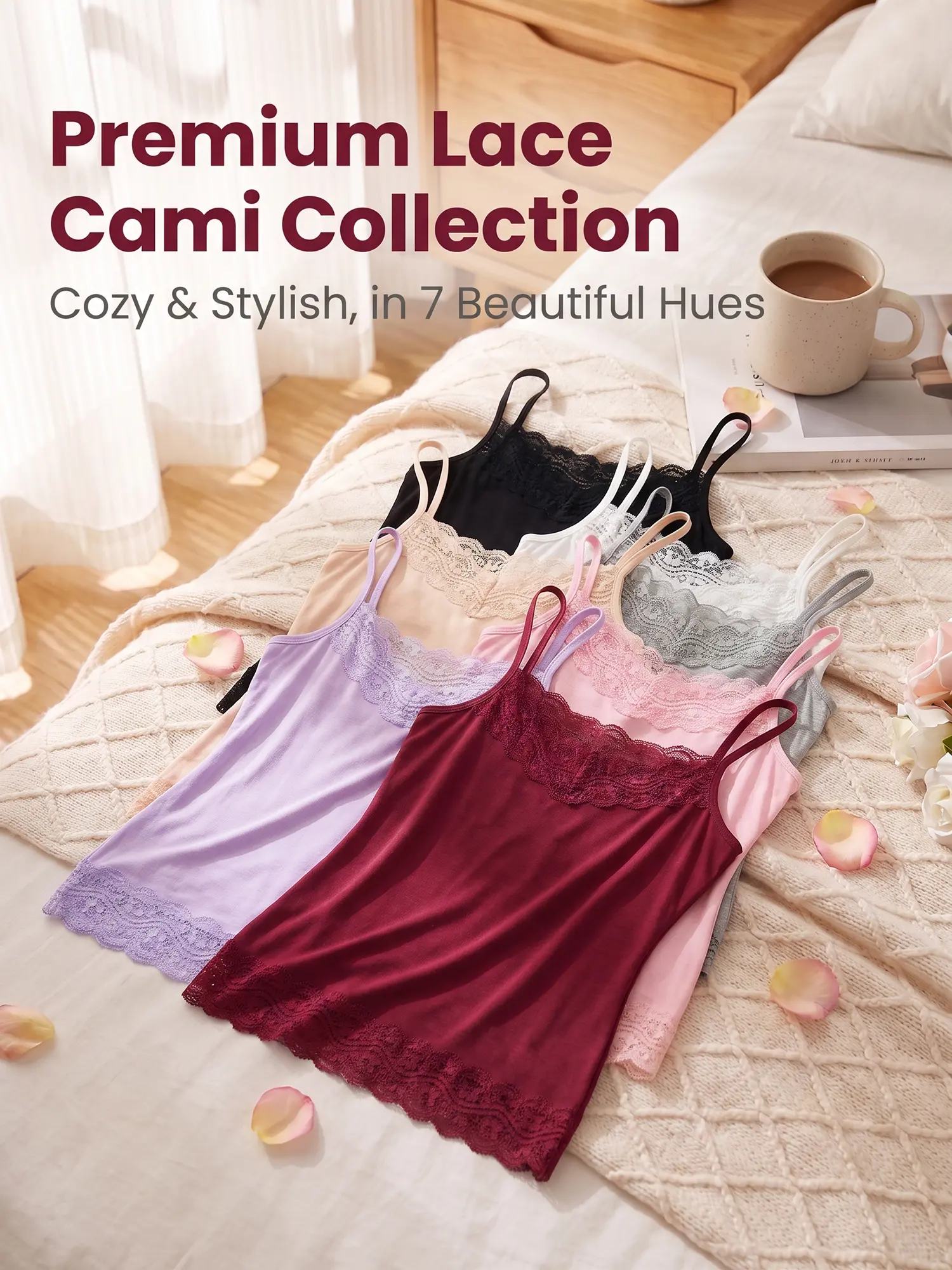 Women's 5/7PCS Basic Sleeveless Slim Camisoles Set, Essential Layering Spaghetti Strap Tanks with Lace Trim, Hand Wash Compatible