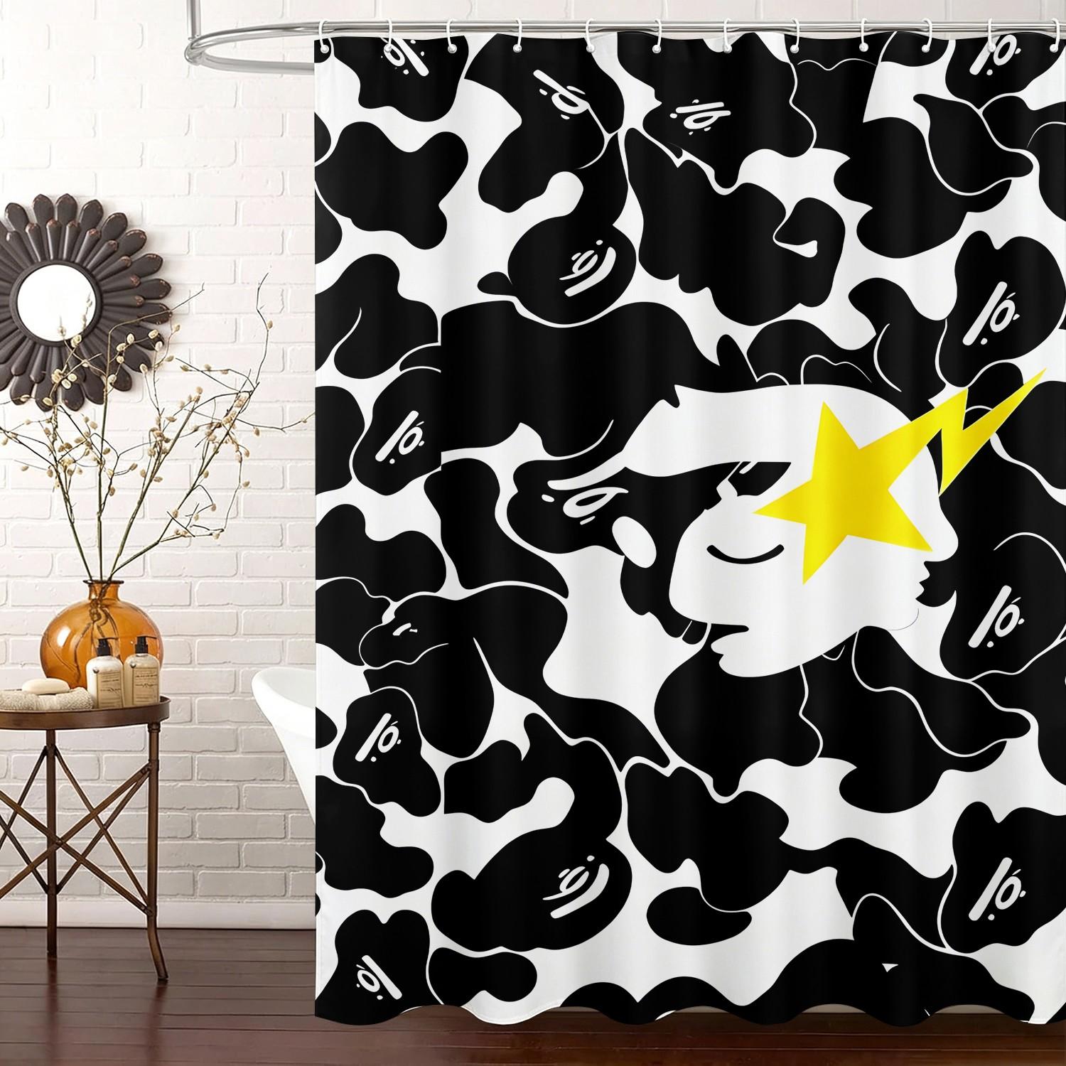 Black and White Camouflage Yellow Star Lightning Ape Head Print Aesthetic Shower Curtain, Waterproof Oxford 12 Hooks Easy Install, Privacy Bath Curtain, Streetwear Enthusiast Home/Dorm/Gaming Room Bathroom Decor