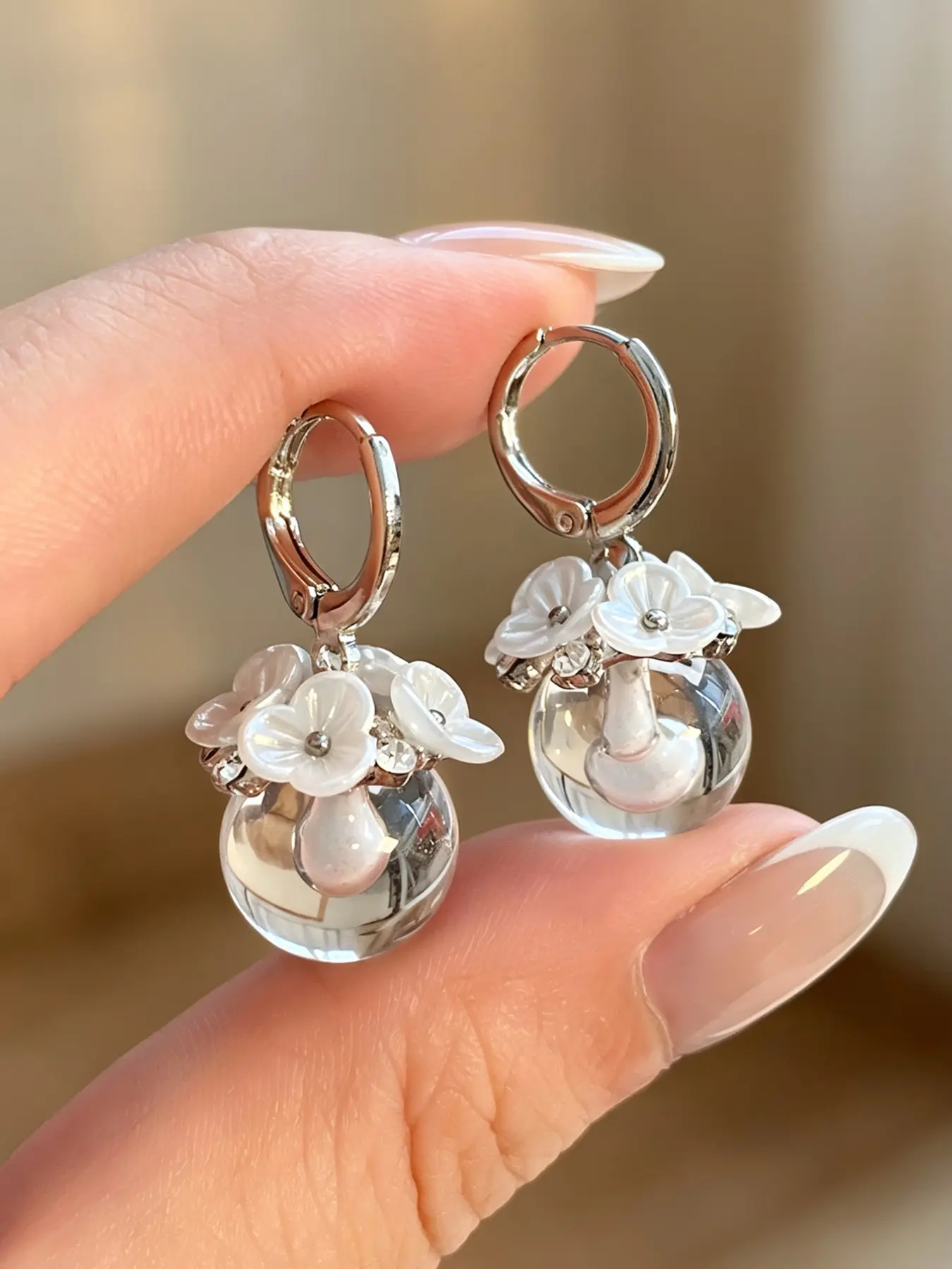 Fashionable Transparent Beaded Flower Glass Earrings for Women, Perfect for Daily Wear, Parties, and Vacations