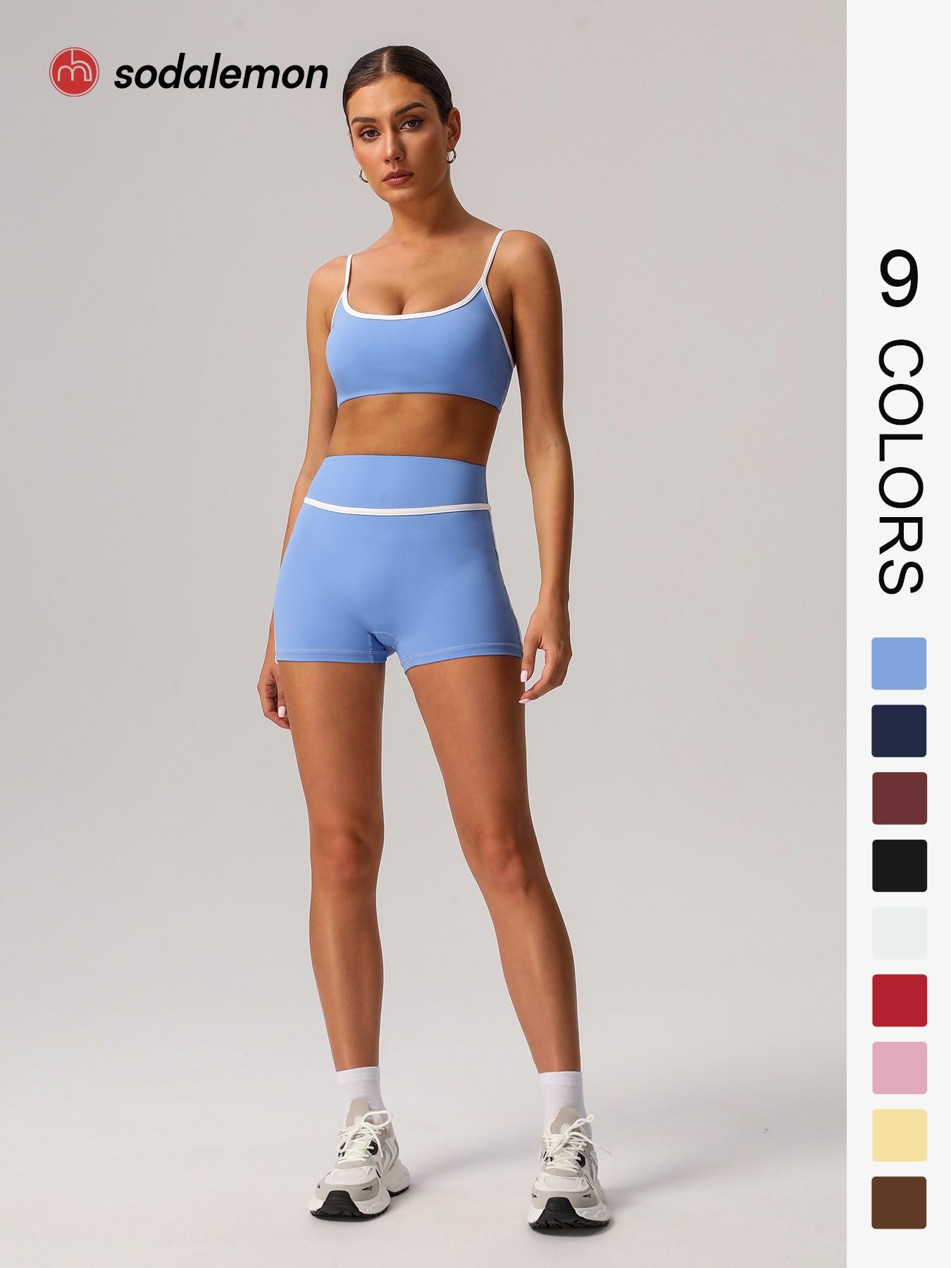 Sodalemon Two-Piece Set Women's Solid Crop Sports Bra & High Waist Skinny Shorts Tracksuit Set, Breathable Comfortable Sports Outfits for Yoga Gym Workout Running, Ladies Sportswear for All Seasons