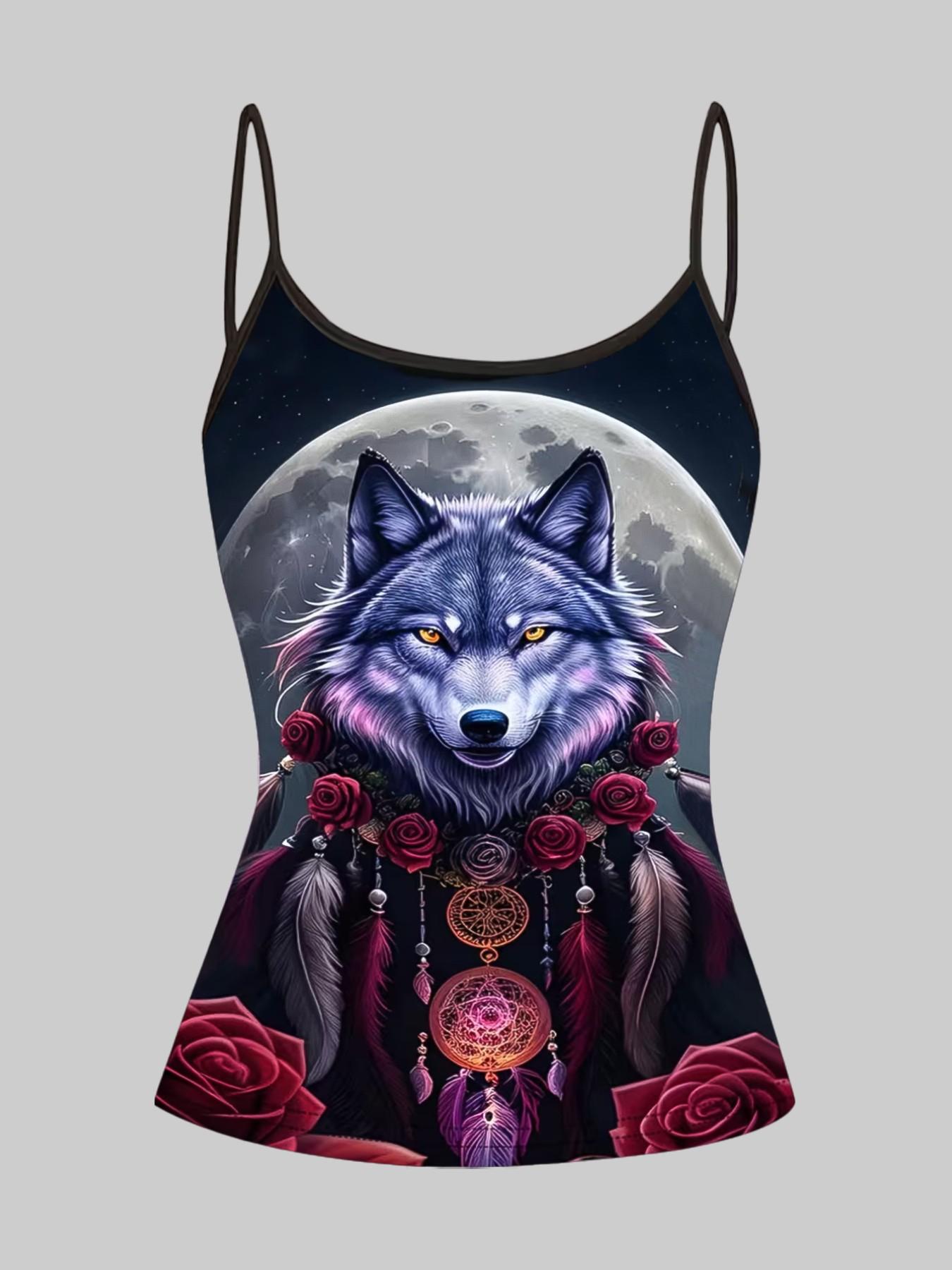 Vibrant Wolf Tiger Phoenix Dreamcatcher Print Adjustable Straps, Casual Sleeveless Top, Home Wear & Outerwear, Slim-Fit, 4-Piece Set