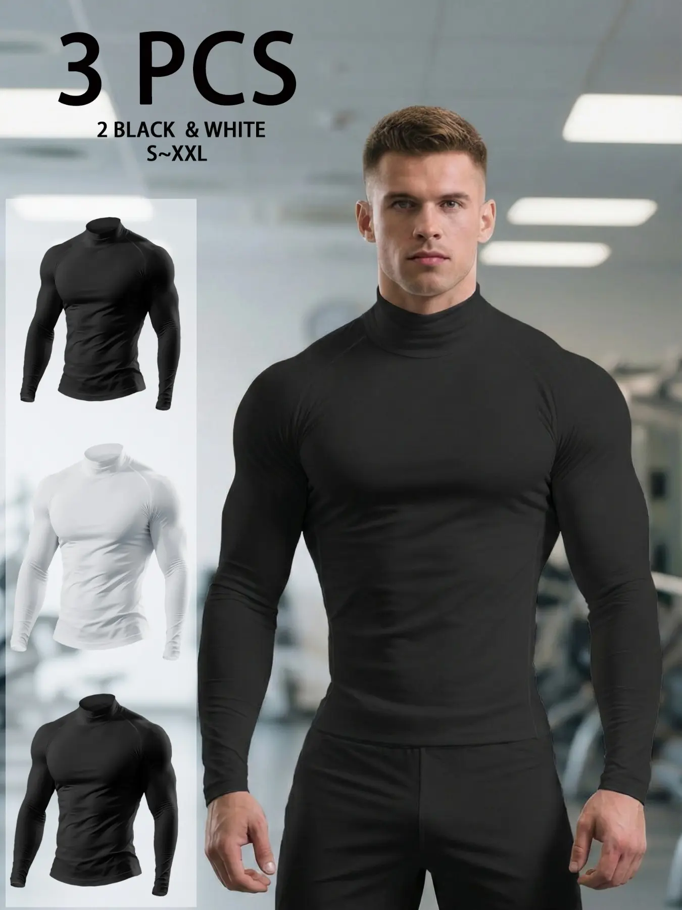 1-Pack Men's Quick Dry Stretch Fitness T-Shirt, High Neck Long Sleeve Compression Workout Top, Solid Color Moisture Wicking Breathable Performance Athletic Shirt for Gym Training Sportswear, Fitness, Running, Four Season Active Wear, Athletic Tops
