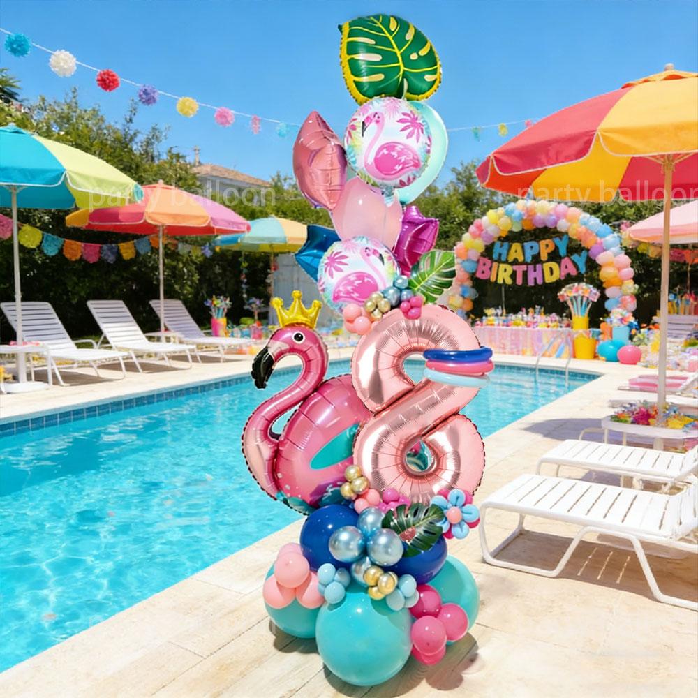 Hawaiian Flamingo Birthday Party Decor Set, Maroon Latex Balloons, Rose Gold Numbers, Outdoor Picnic, Pool Party, Cafe Decoration
