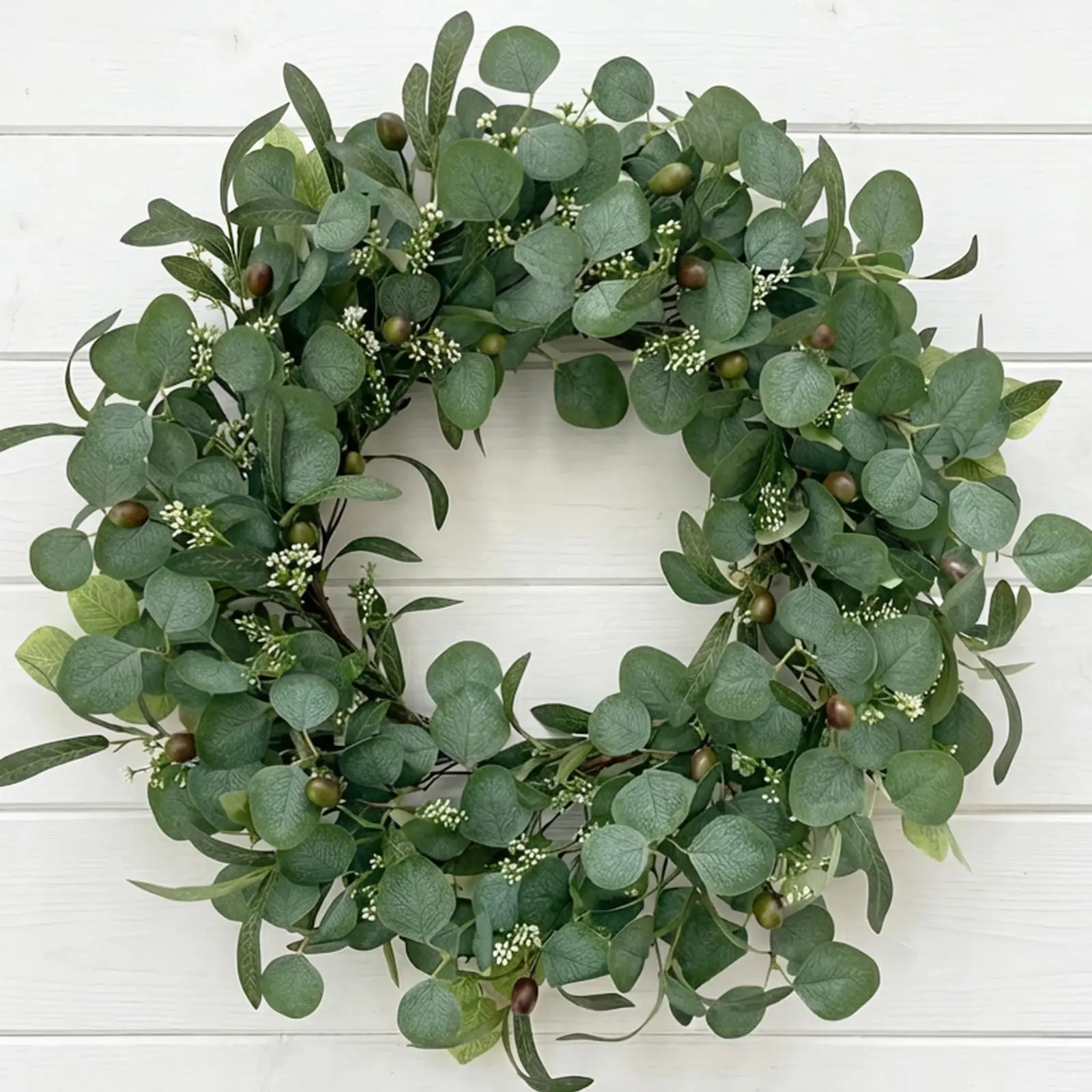 24-Inch Silk Eucalyptus Wreath for Front Door, Large Artificial Greenery Wreath with Olive Leaves and Berries, Farmhouse Decoration for Porch, Family Thanksgiving Wedding Occasions